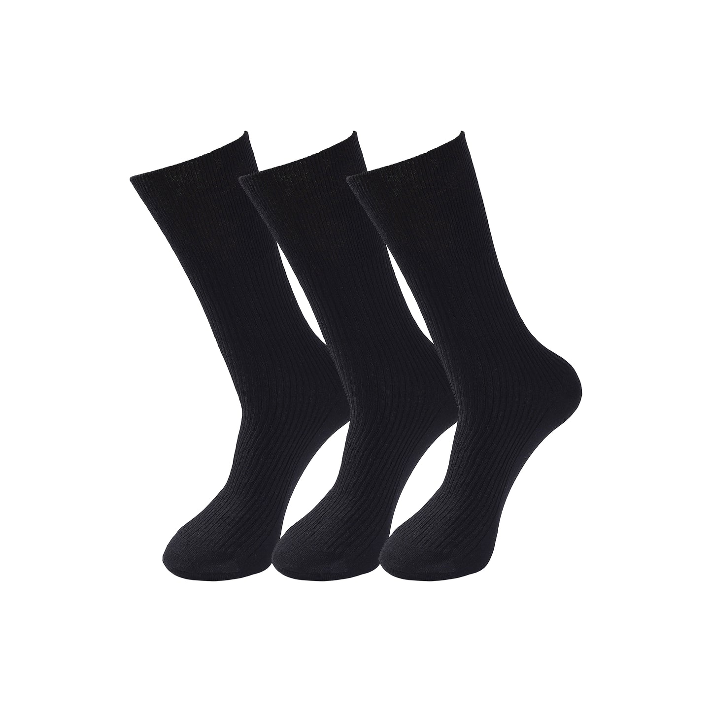 Mens 100% Cotton Big Feet Non Elastic Diabetic Socks - Black Ribbed (12 Pairs)