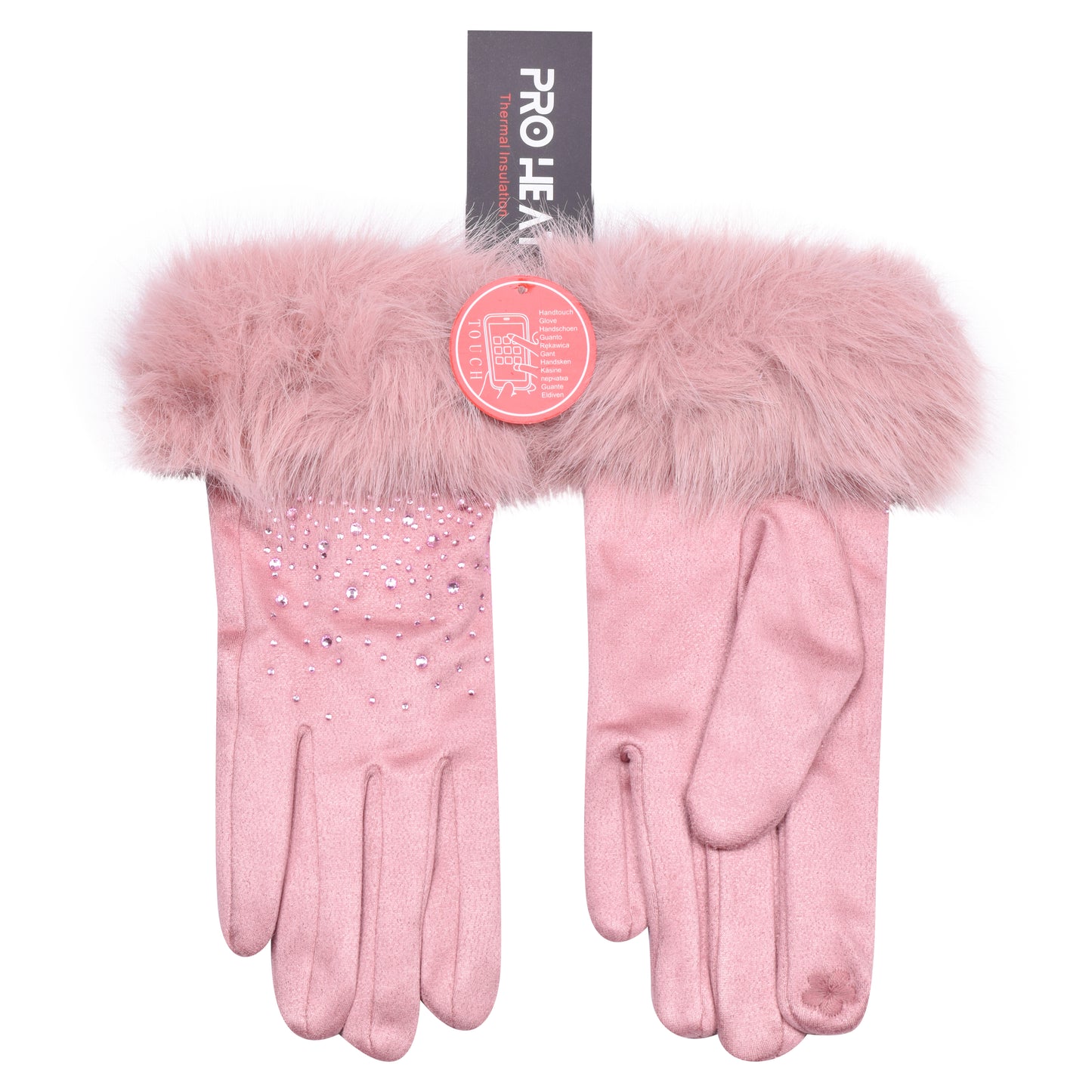 Ladies Cotton Touchscreen Gloves with Faux Fur Trim & Crystals - Assorted (12 Pairs)