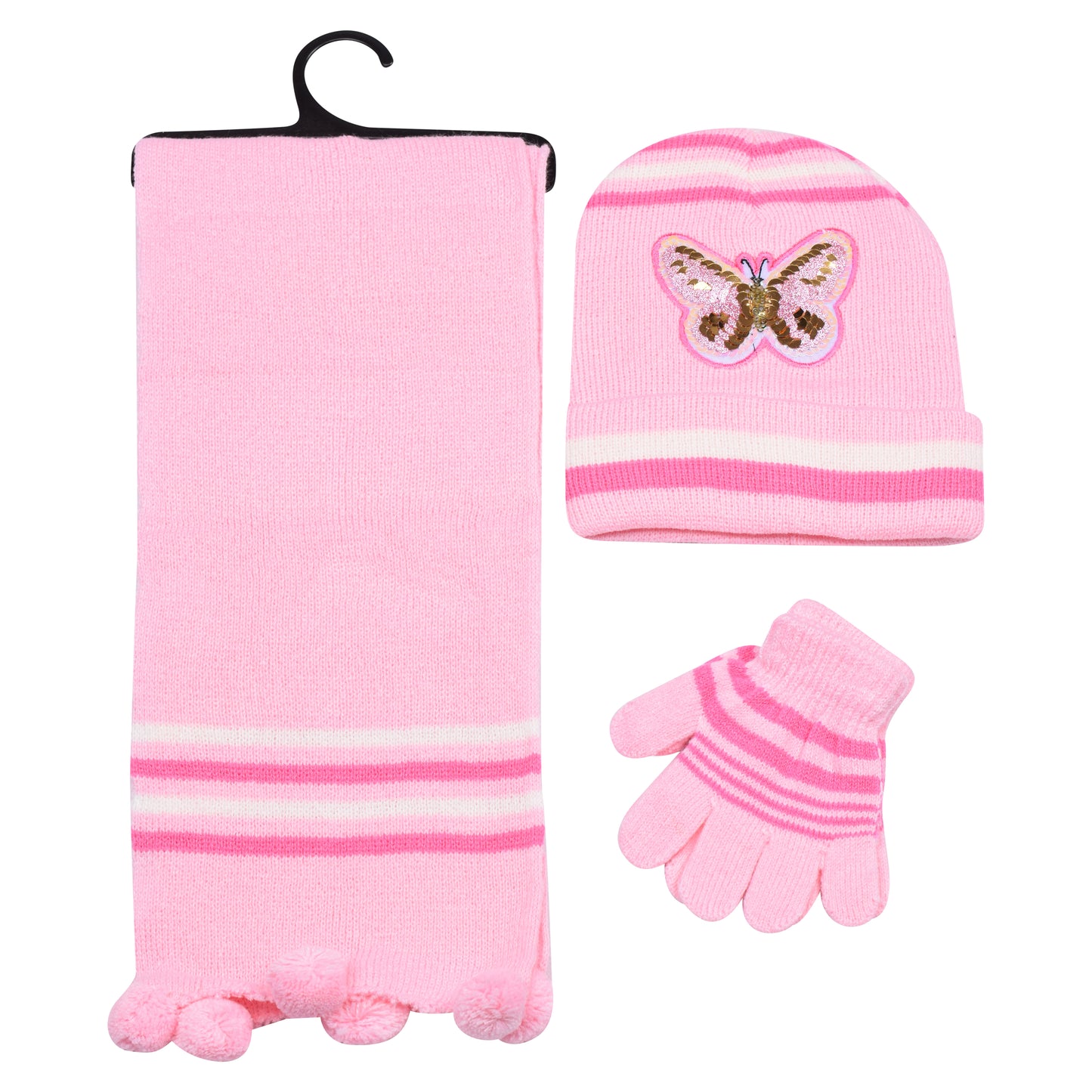 Kids Winter Hat, Scarf & Gloves Set – Sequin Butterfly (12 pcs Assorted Colours)