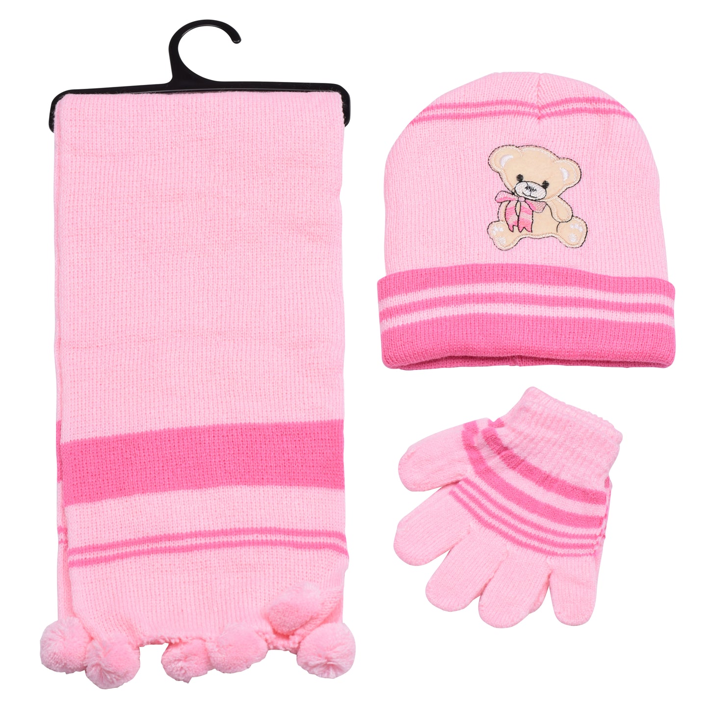 Kids Winter Hat, Scarf & Gloves Set – Teddy Bear (12 pcs Assorted Colours)