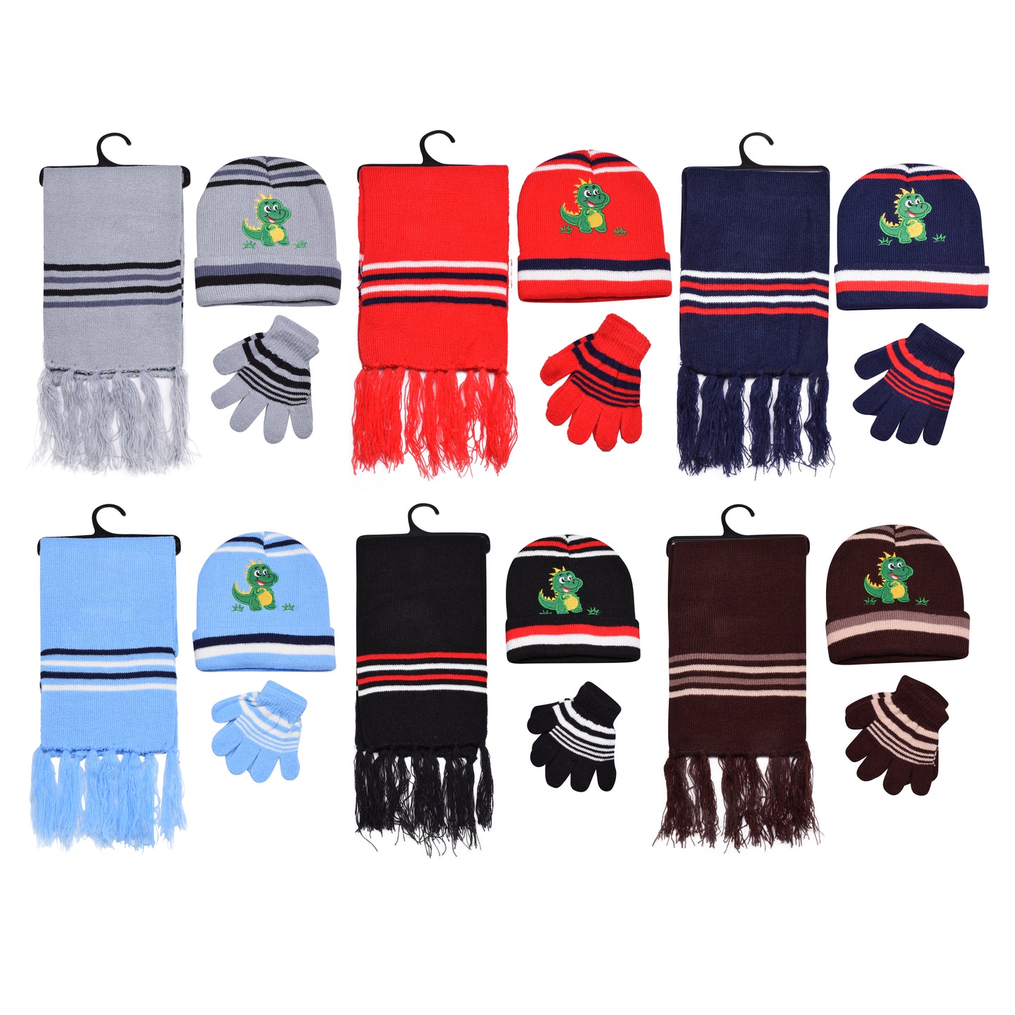 Kids Winter Hat, Scarf & Gloves Set – Dinosaur (12 pcs Assorted Colours)