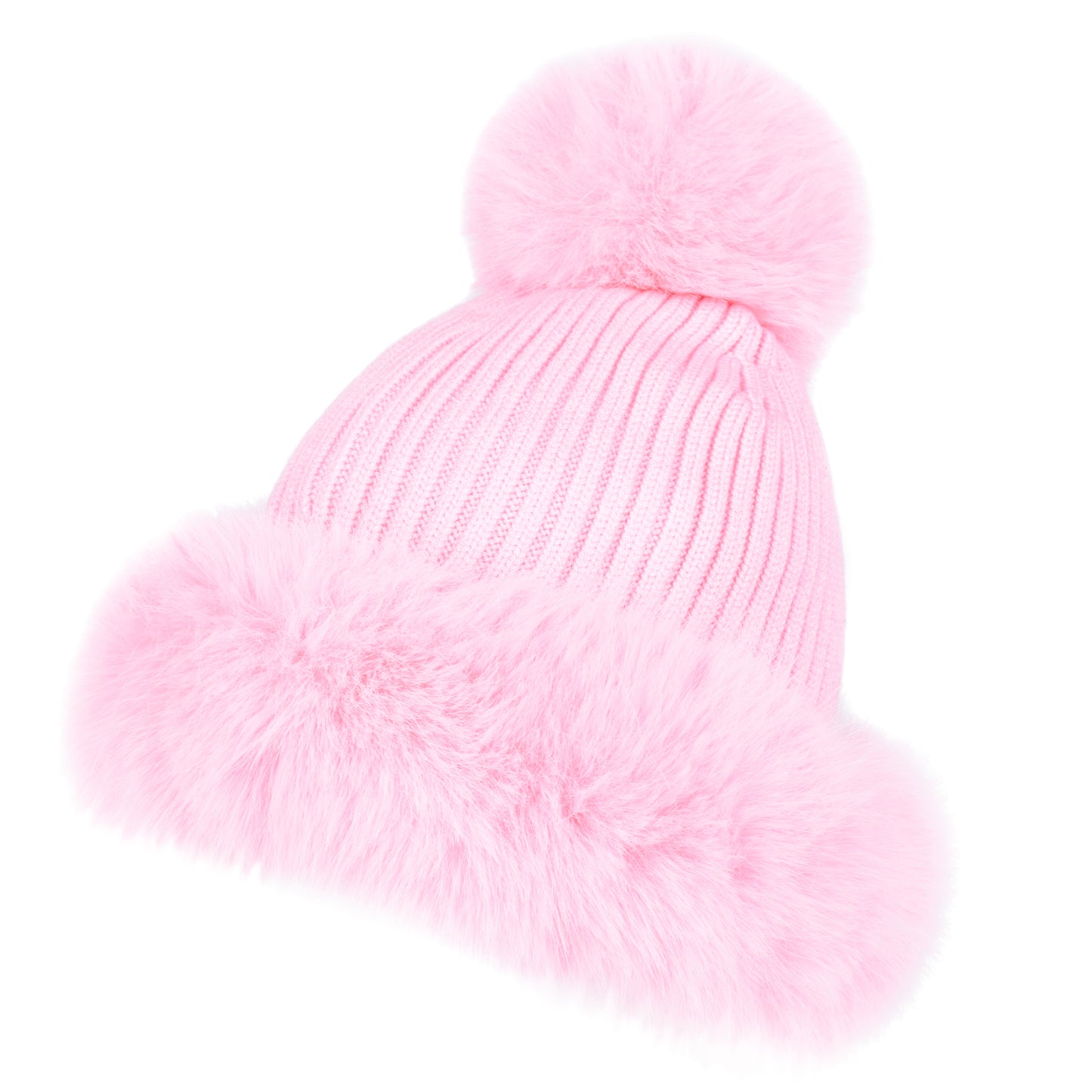 Luxury Ribbed Pompom Hat with Fur Trim - Fur Lined