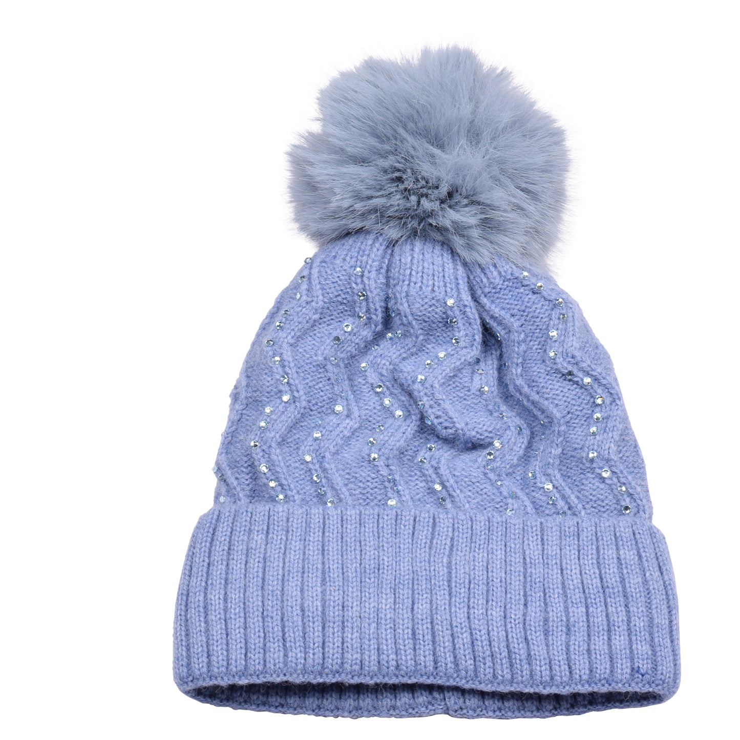 Knitted Diamante Pompom Hats - Classic Zigzag