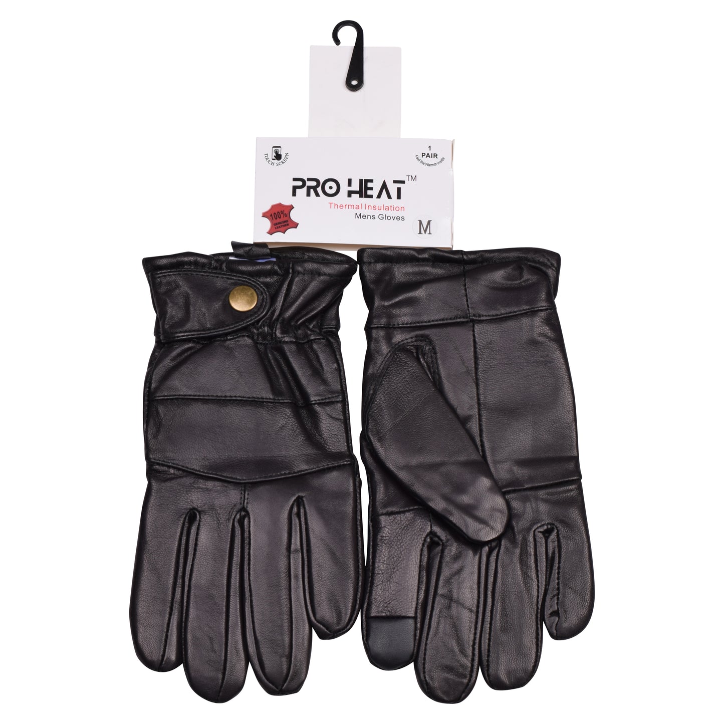 Mens Pro Heat Touchscreen Leather Gloves with Button Detail - Black (12 Pairs)