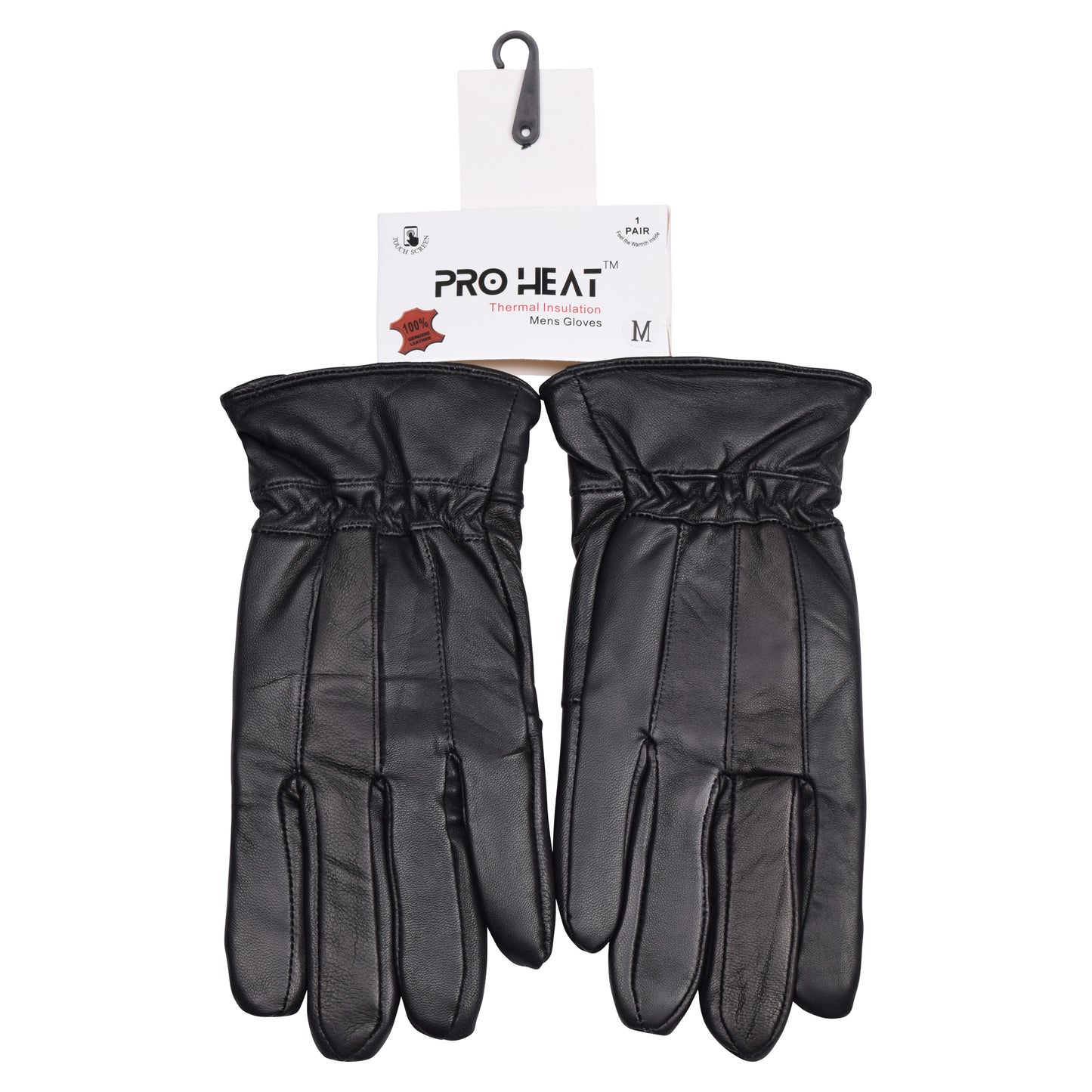 Mens Pro Heat Touchscreen Leather Gloves with Elastic Cuff - Black (12 Pairs)