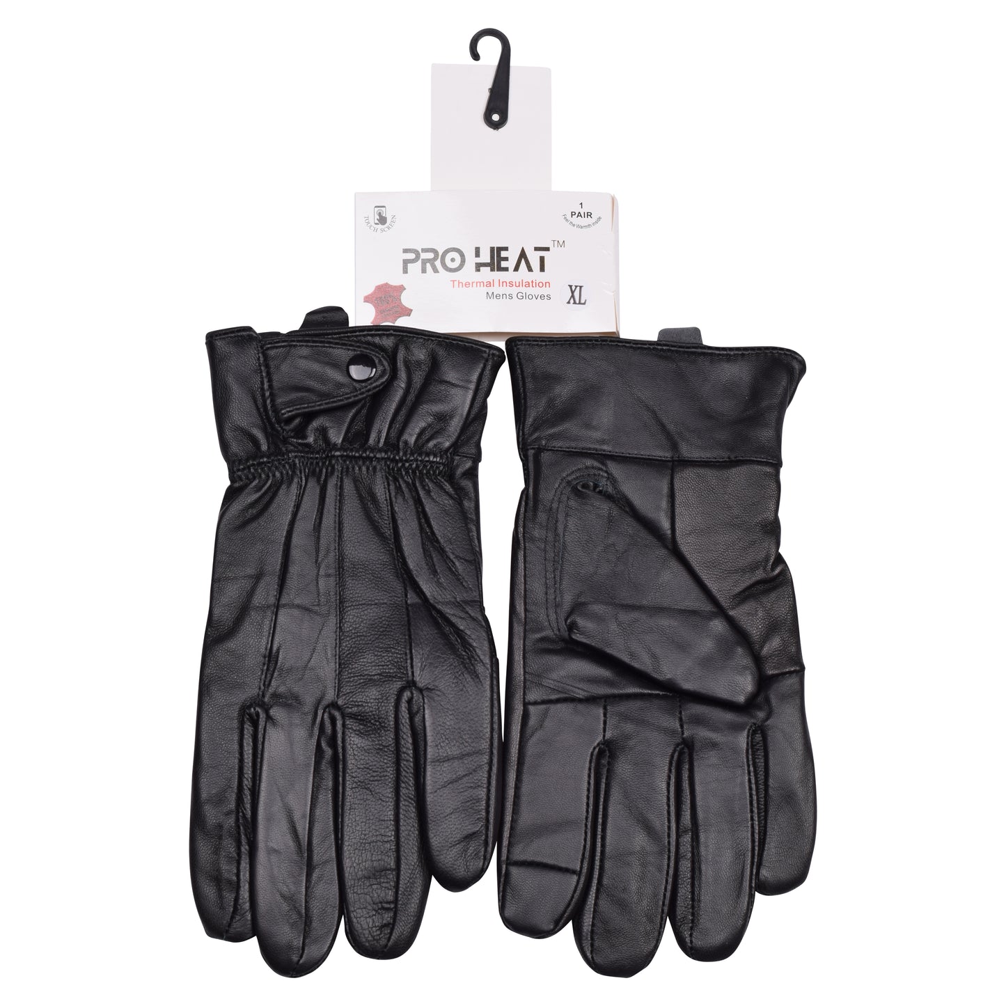 Mens Pro Heat Touchscreen Leather Gloves with Black Button - Black (12 Pairs)