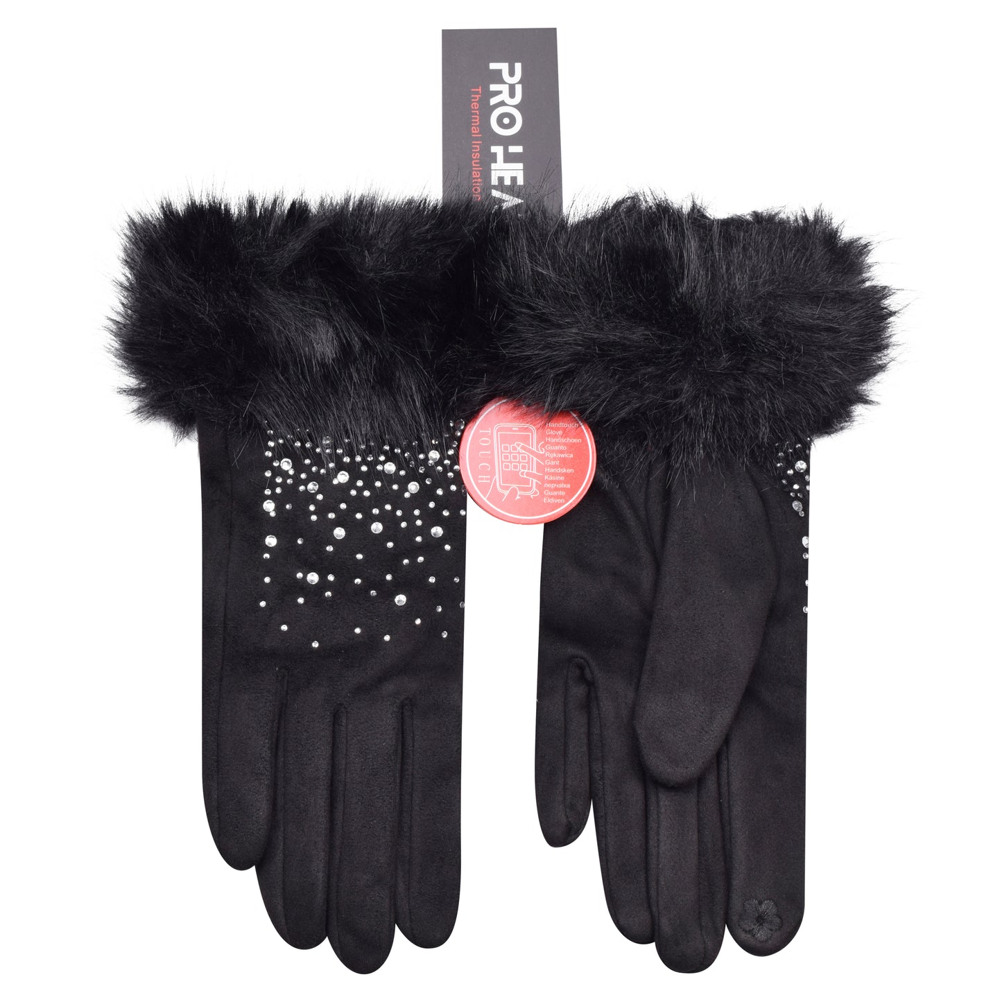 Ladies Cotton Touchscreen Gloves with Faux Fur Trim & Crystals - Black (12 Pairs)