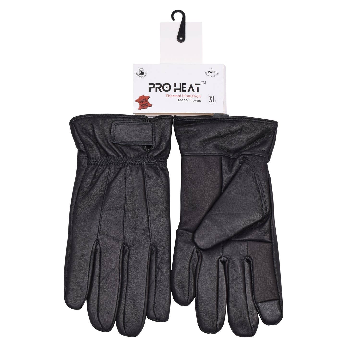 Mens Pro Heat Touchscreen Leather Gloves with Strap - Black (12 Pairs)