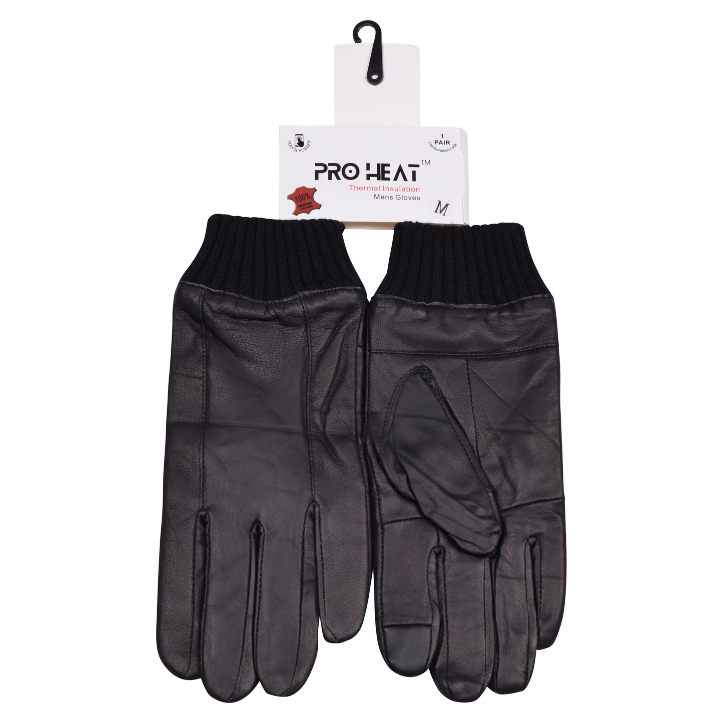 Mens Pro Heat Touchscreen Leather Gloves with Rubbed Cuff - Black (12 Pairs)