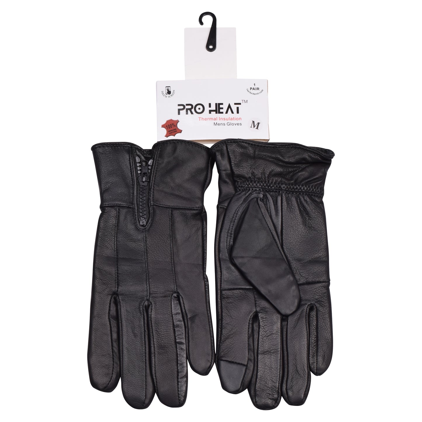 Mens Pro Heat Touchscreen Leather Gloves with Zip - Black (12 Pairs)