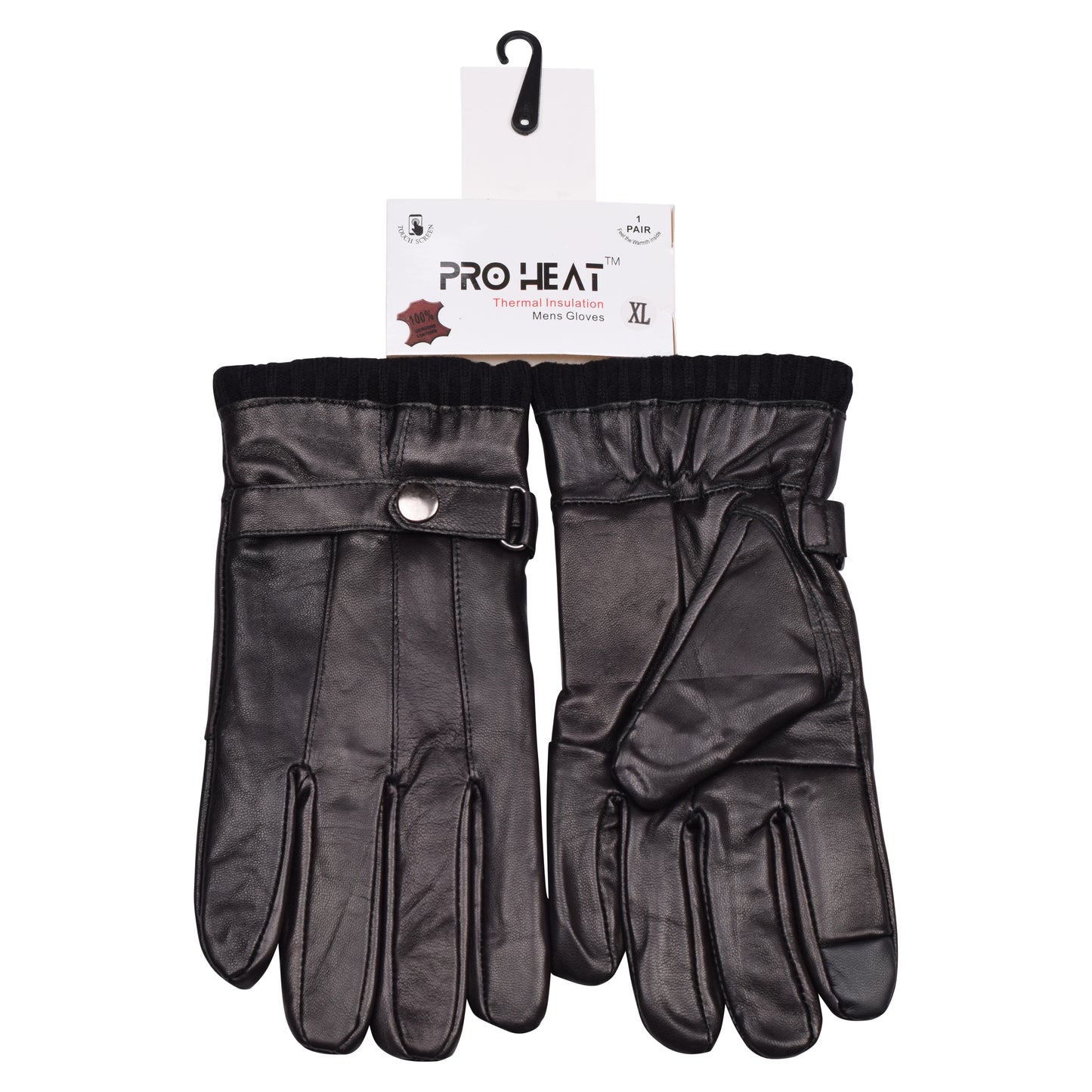 Mens Pro Heat Touchscreen Leather Gloves with Adjustable Strap - Black (12 Pairs)