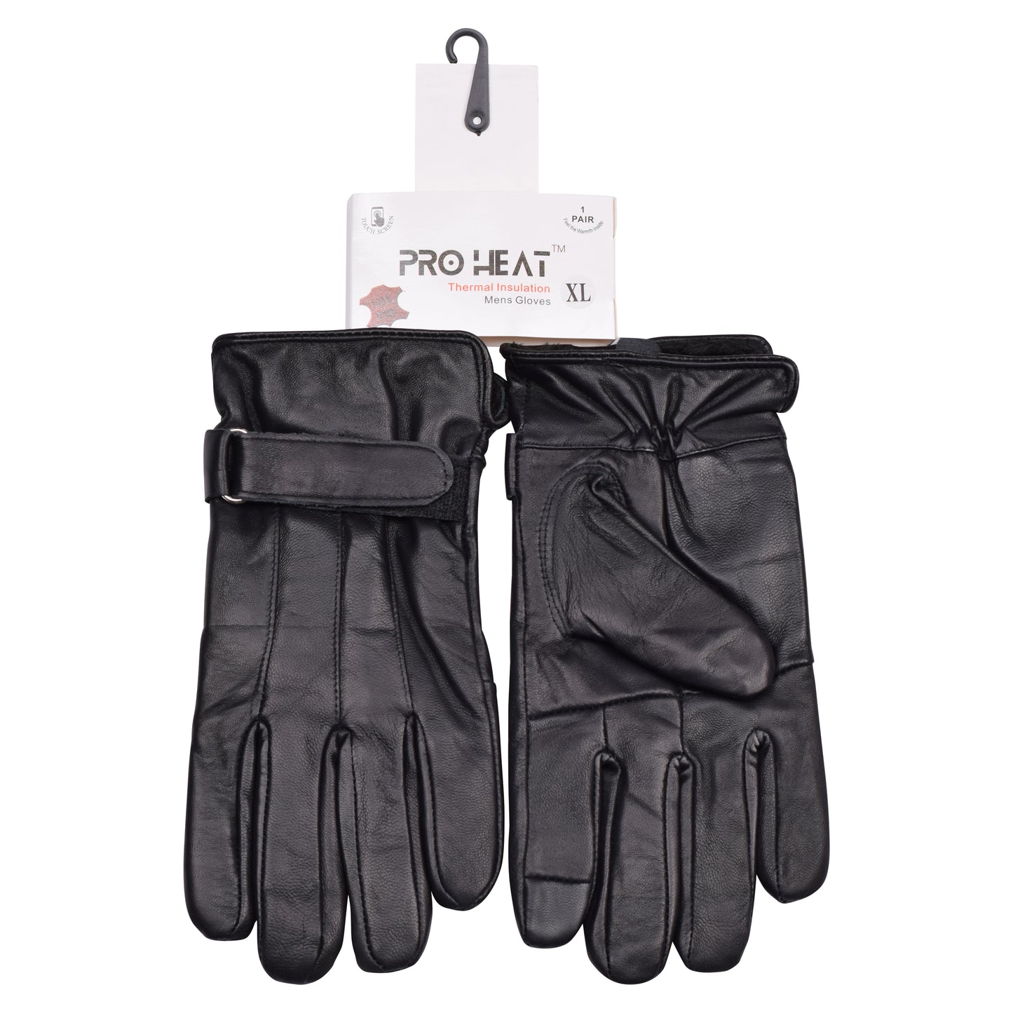 Mens Pro Heat Touchscreen Leather Gloves with Velcro Strap - Black (12 Pairs)