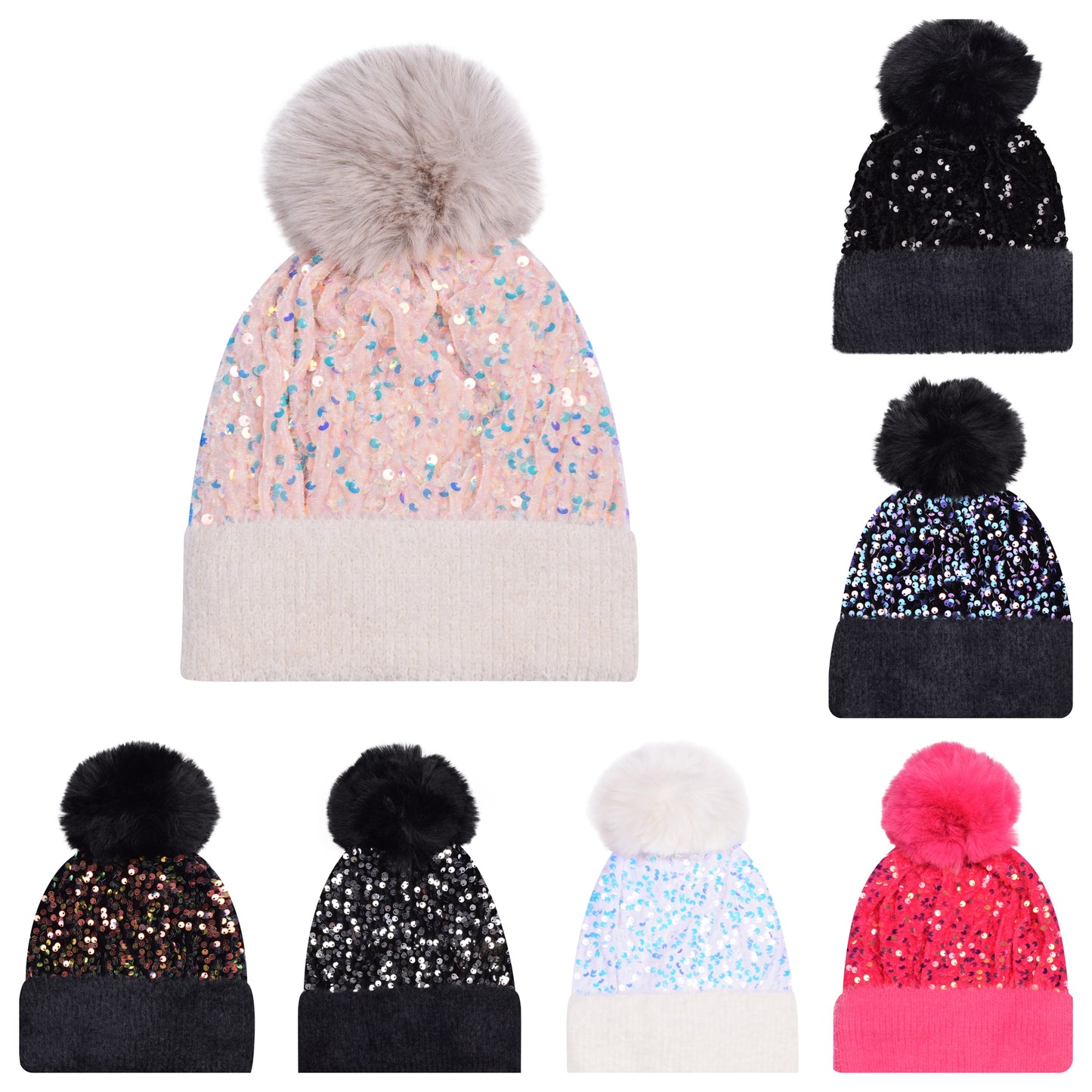 Sequin Pompom Hats - Luxury Fur Lined