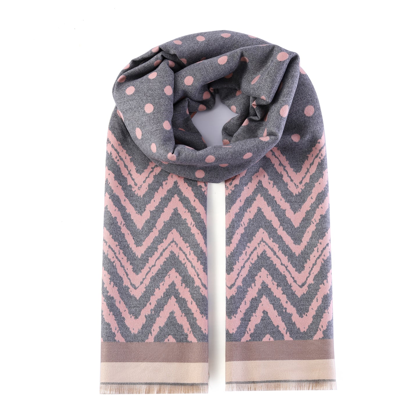 Luxurious Double Sided Jacquard Scarf - Polka Dot & Chevron Harmony