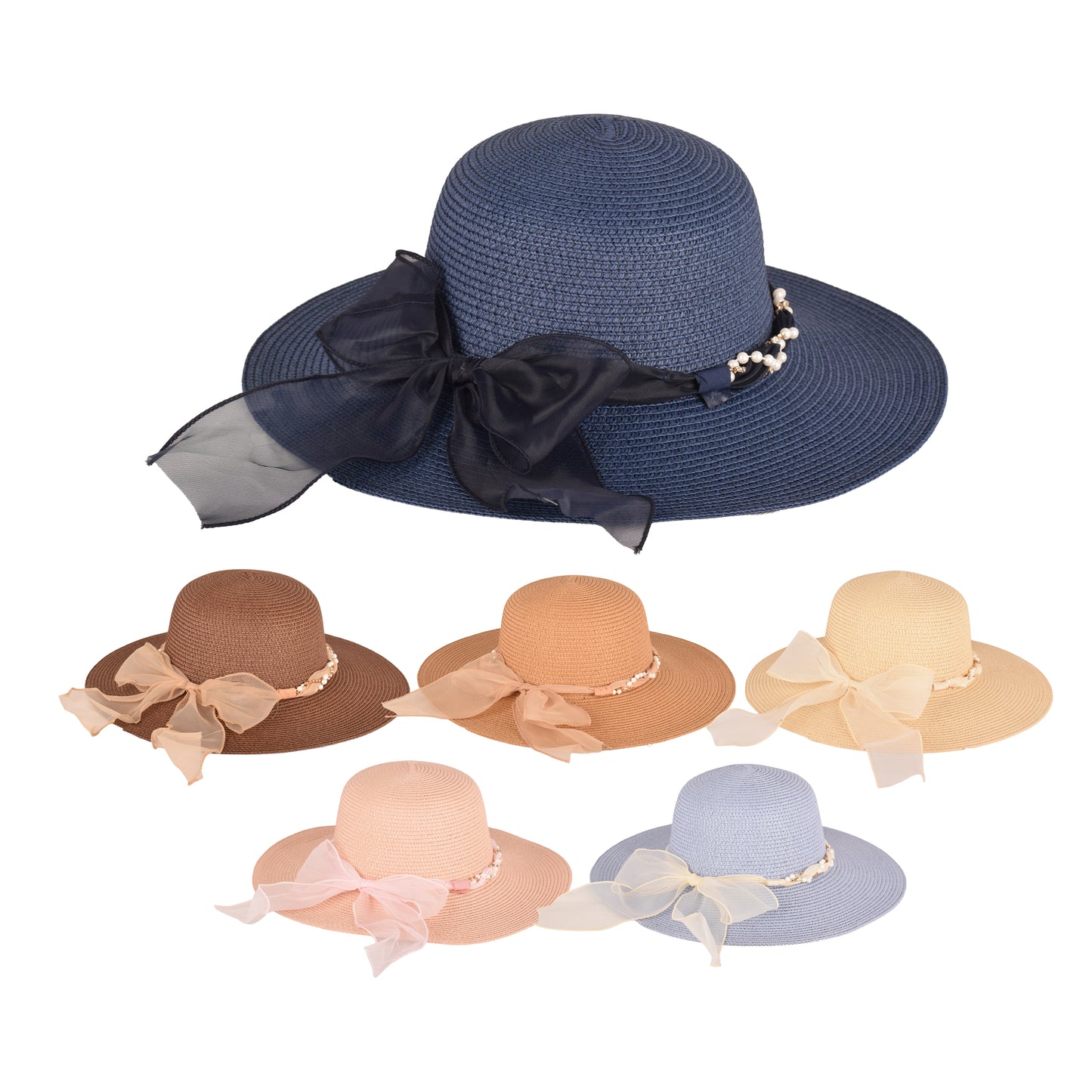 Ladies Elegant Wide-Brim Sun Hat with Sheer Bow and Pearl Accents - LHT-18