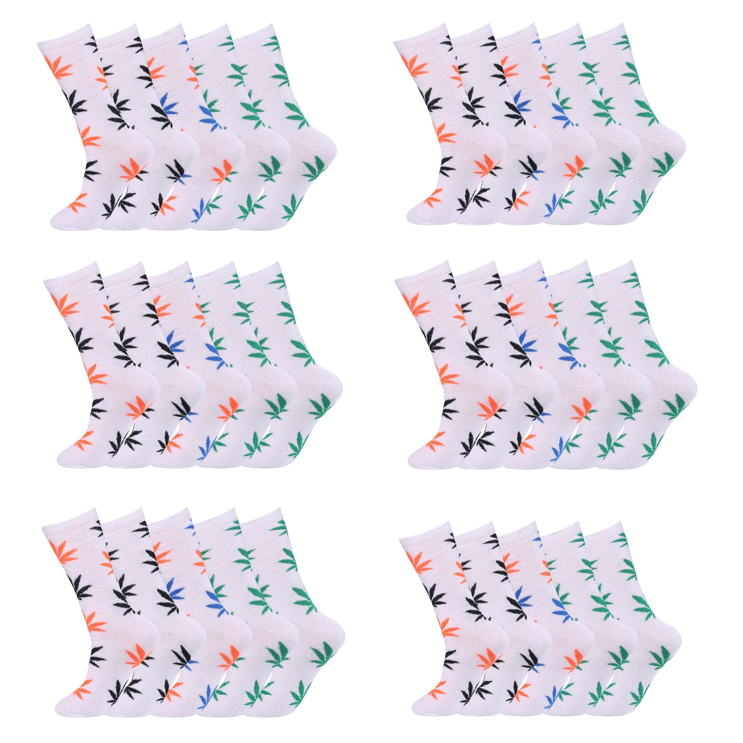 Mens 5 Pair Pair Sport Socks - White Multi Ganja Leaf (30 Pairs)
