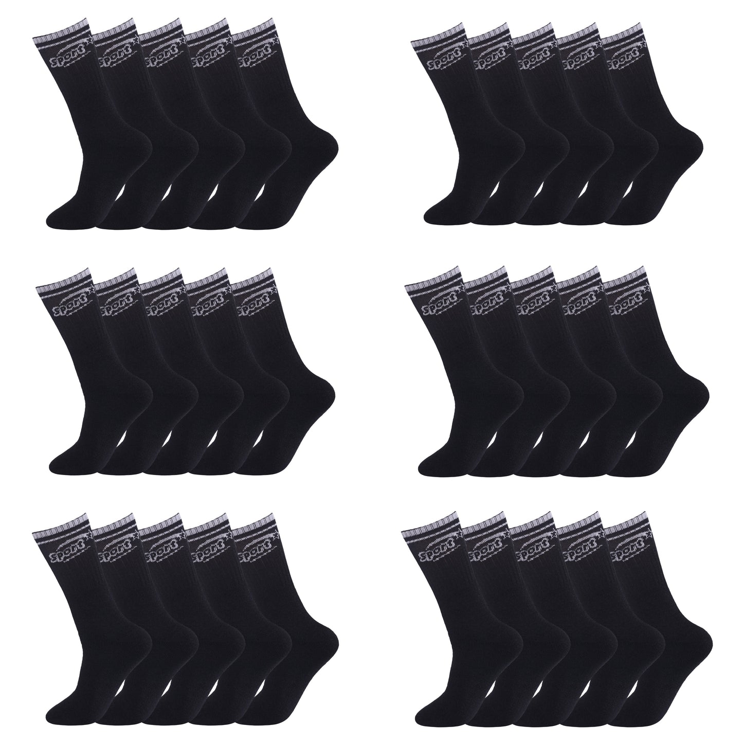 Mens 5 Pair Pair Sport Socks - Black/ Sport Cuff (30 Pairs)