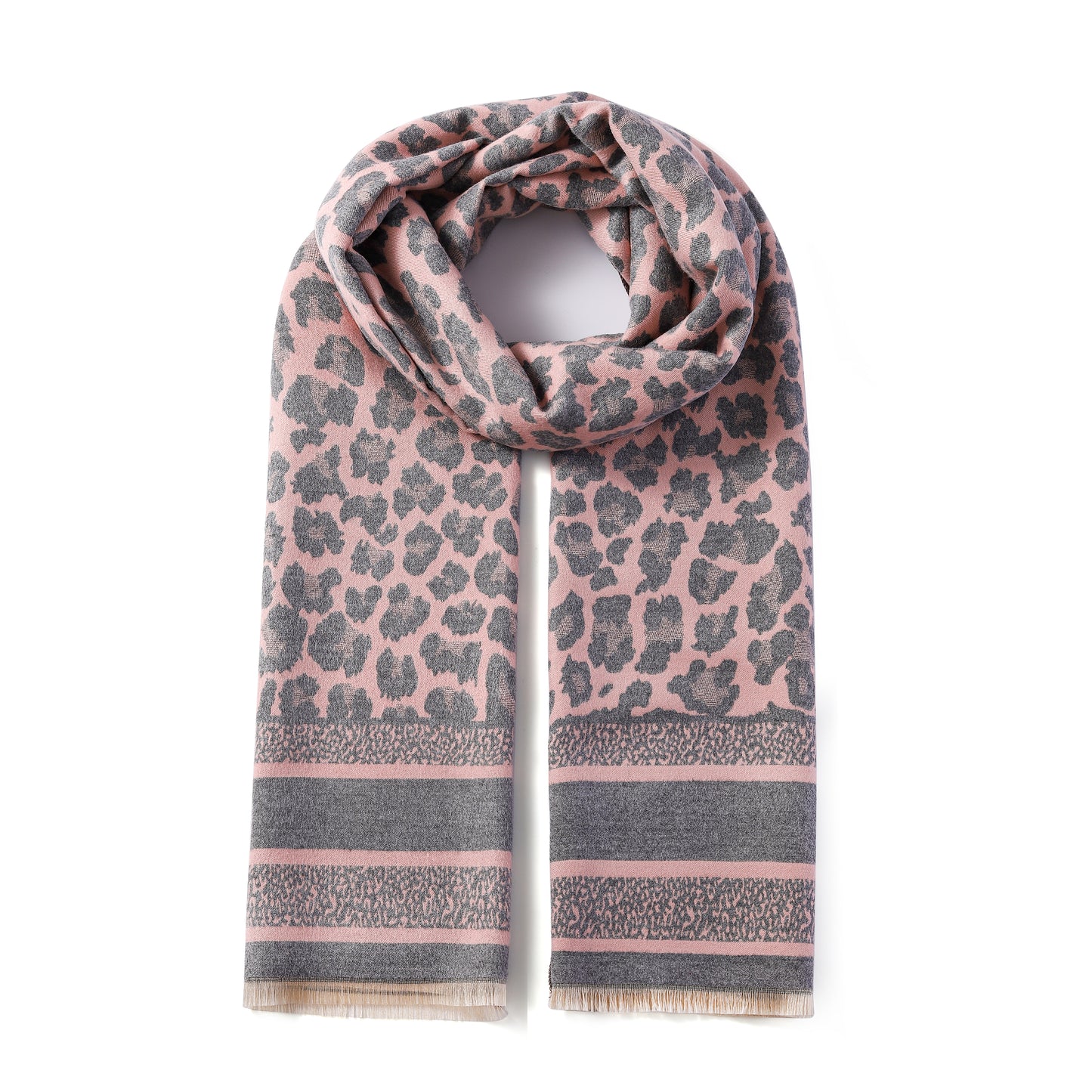 Luxurious Double Sided Jacquard Scarf - Leopard with Striped Border
