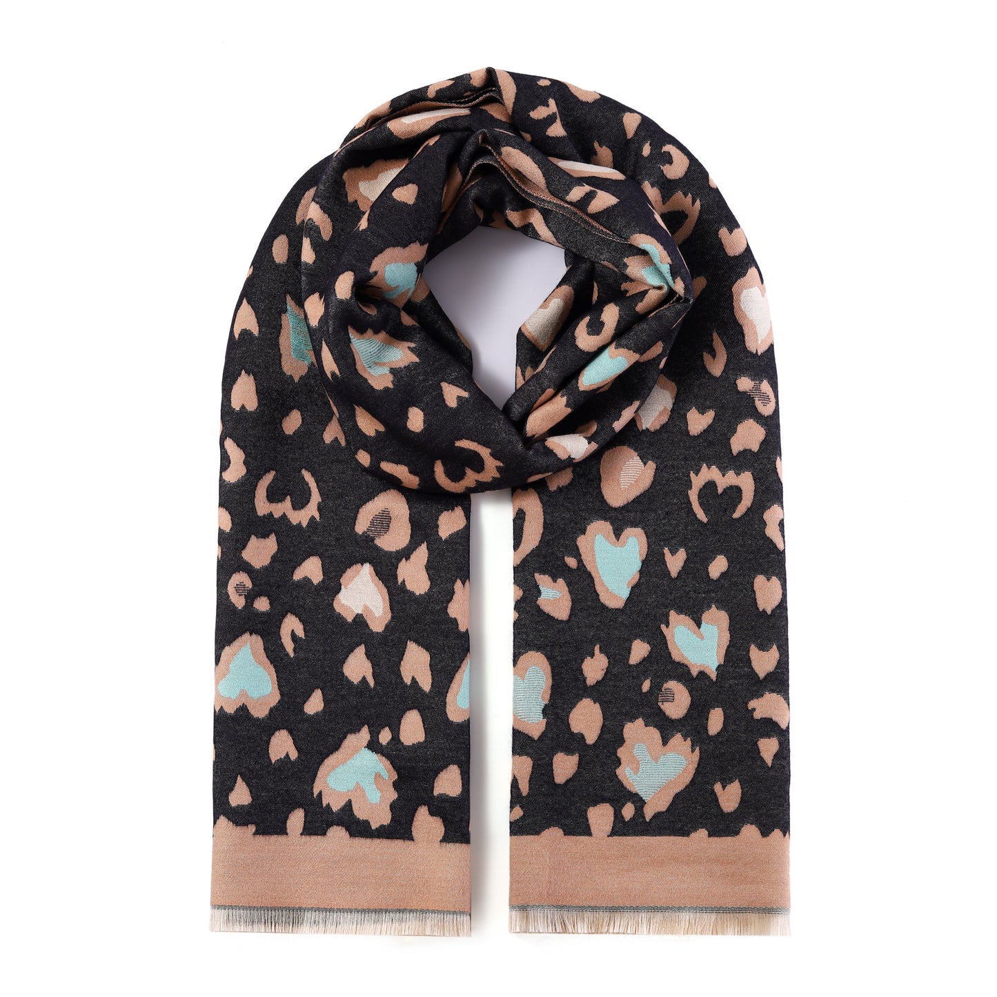 Luxurious Double Sided Jacquard Scarf - Leopard Hearts