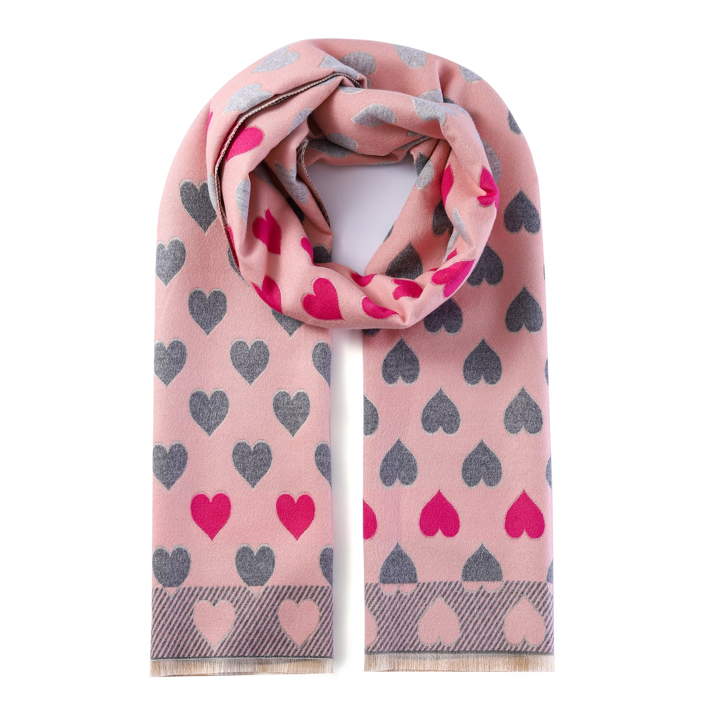 Luxurious Double Sided Jacquard Scarf - Multi-Colour Hearts