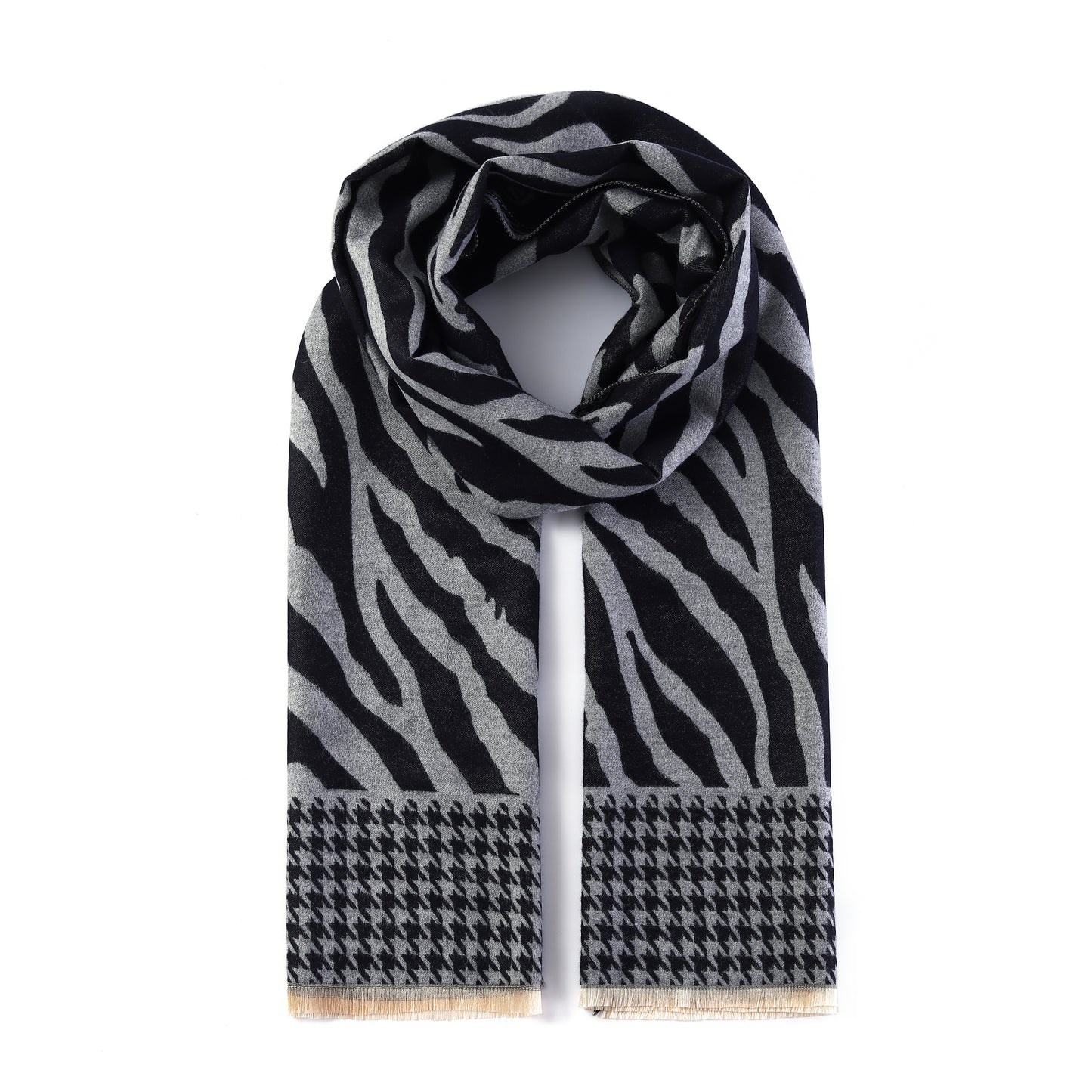 Luxurious Double Sided Jacquard Scarf - Zebra Waves with Houndstooth Border
