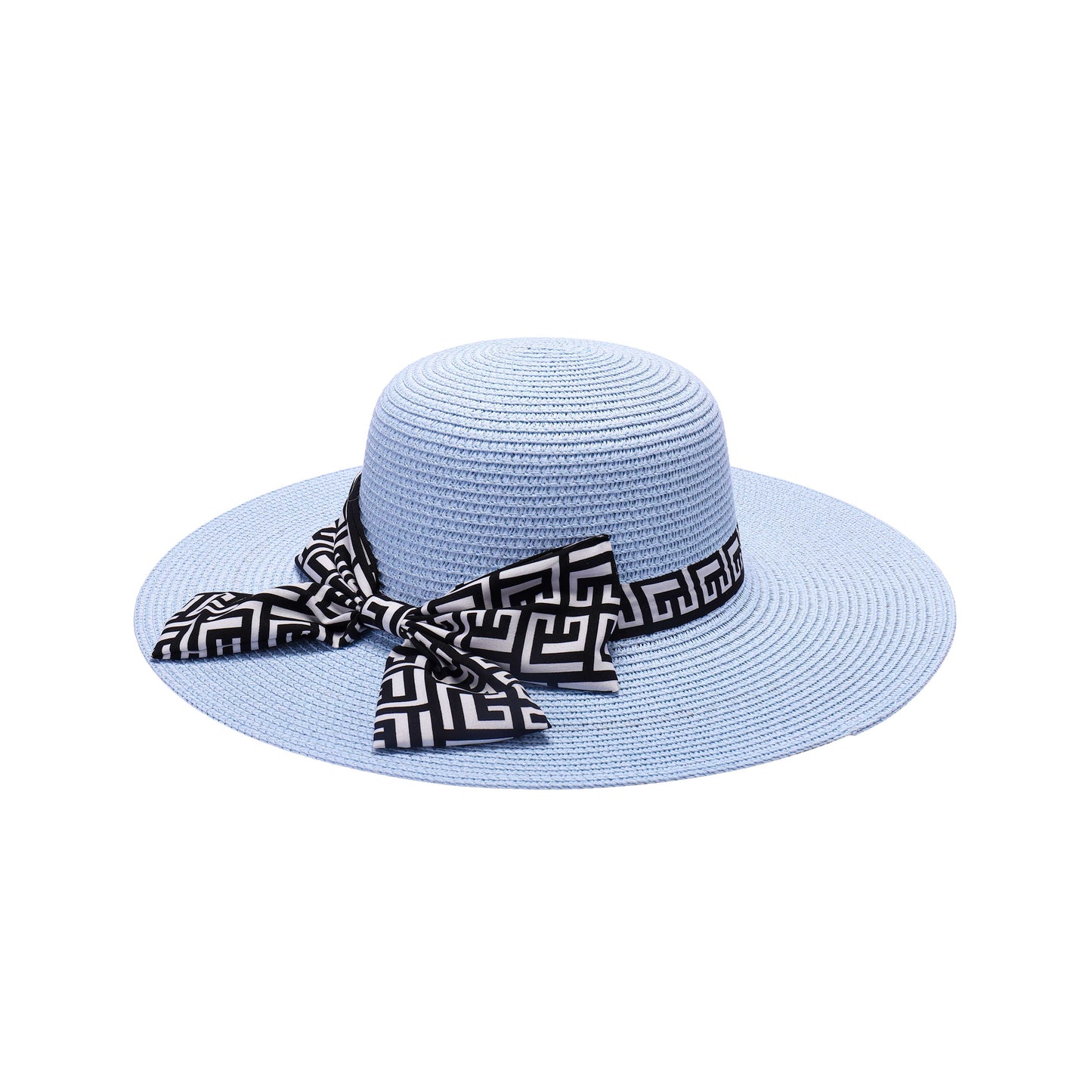 Ladies Sun Hat with Wide Brim and Geometric Pattern Bow
