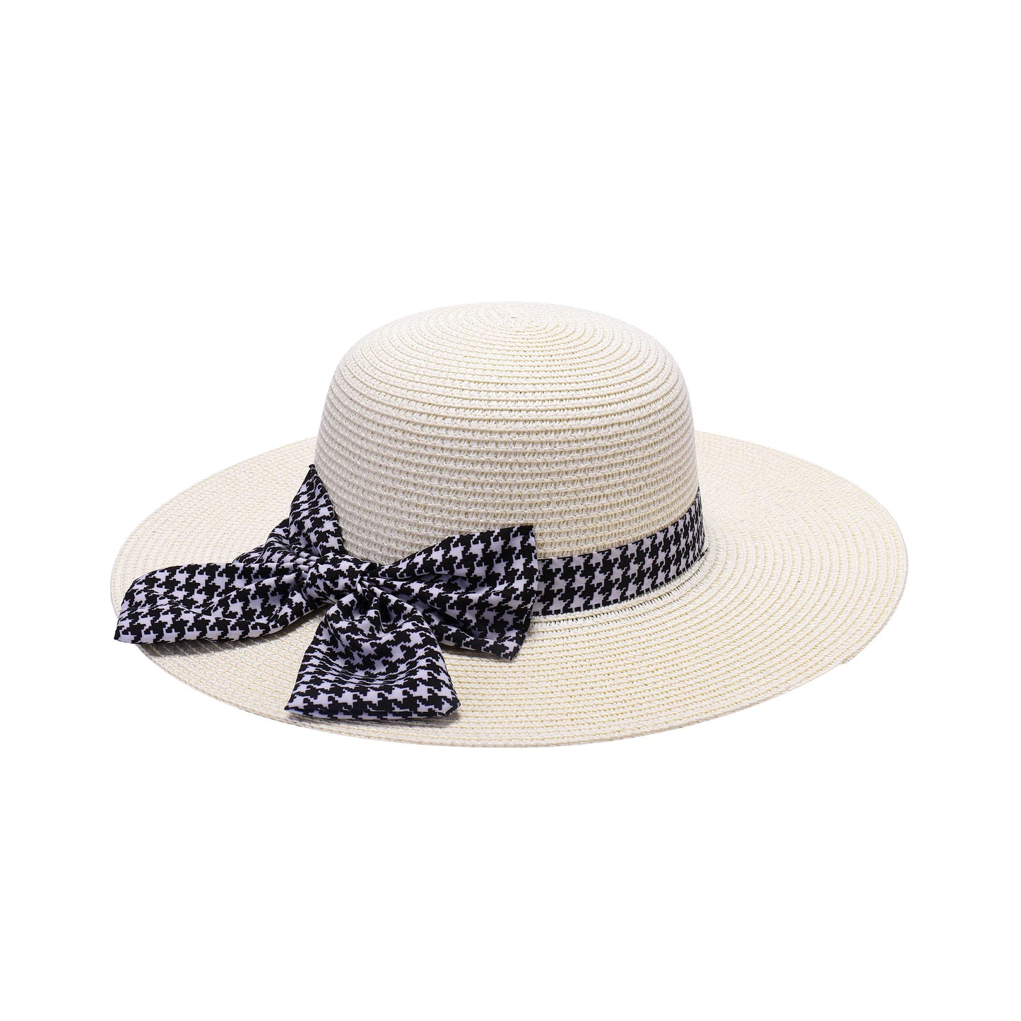 Ladies Sun Hat with Wide Brim and Bold Houndstooth Bow