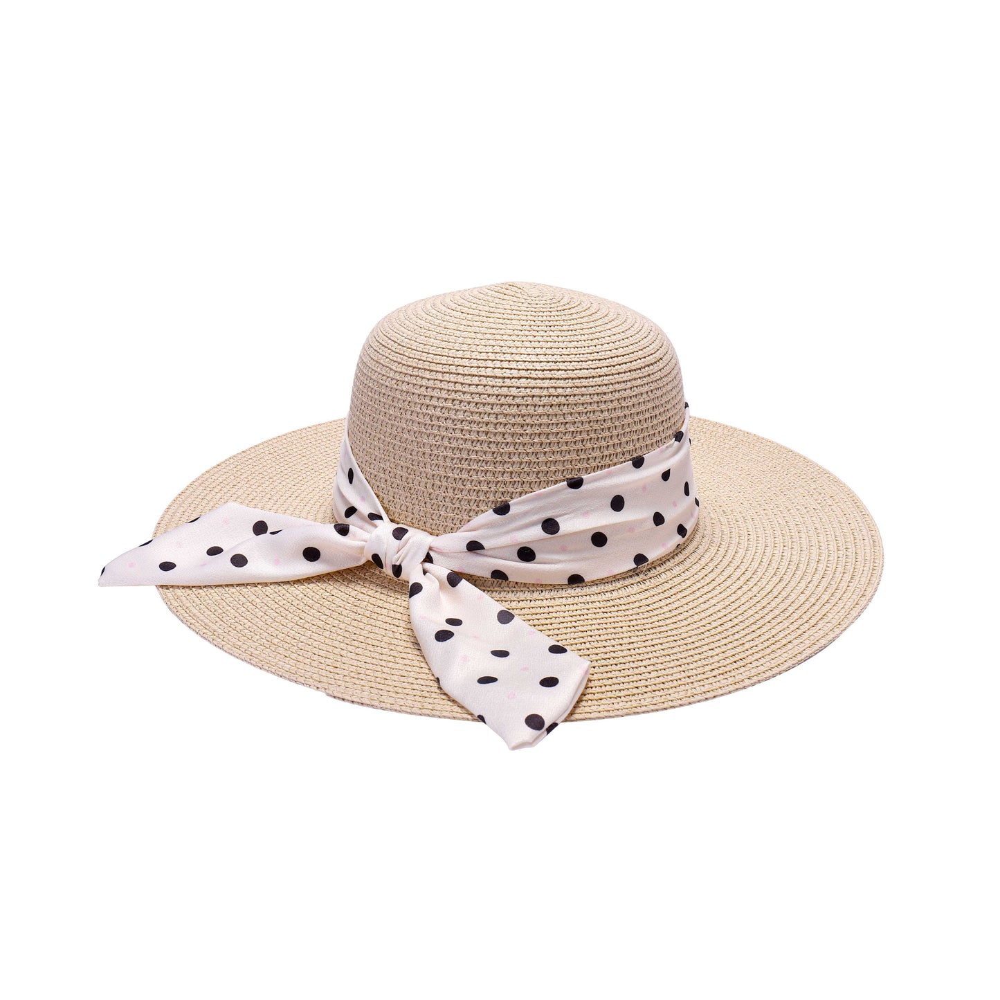 Ladies Sun Hat with Wide Brim and Polka Dot Pattern Bow