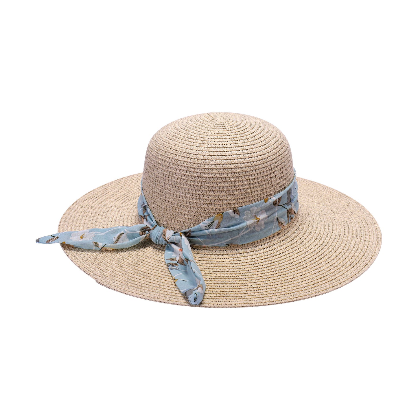 Ladies Sun Hat with Wide Brim and Blue Floral Print Bow
