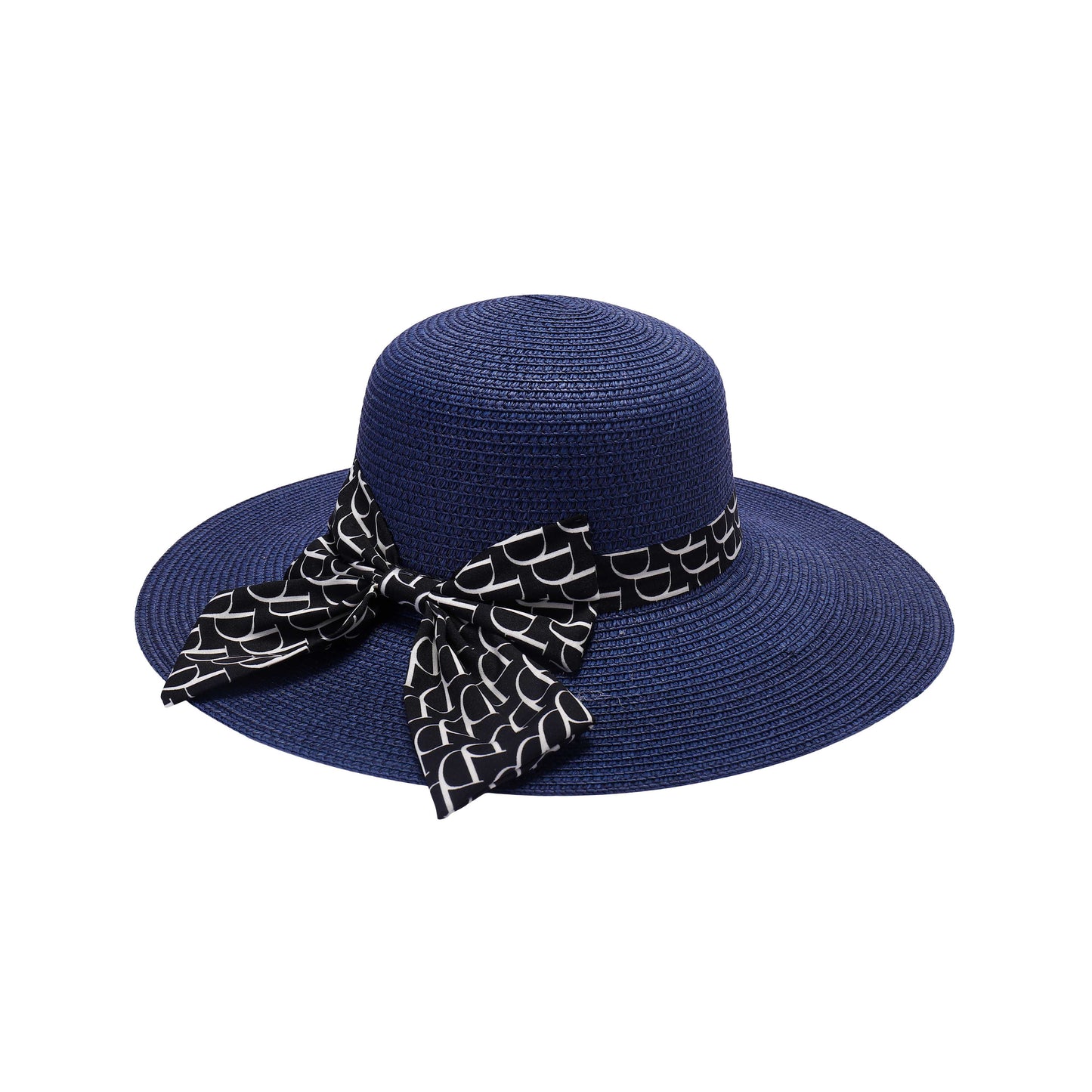 Ladies Wide Brim Straw Sun Hat with Monogram-Patterned Bow