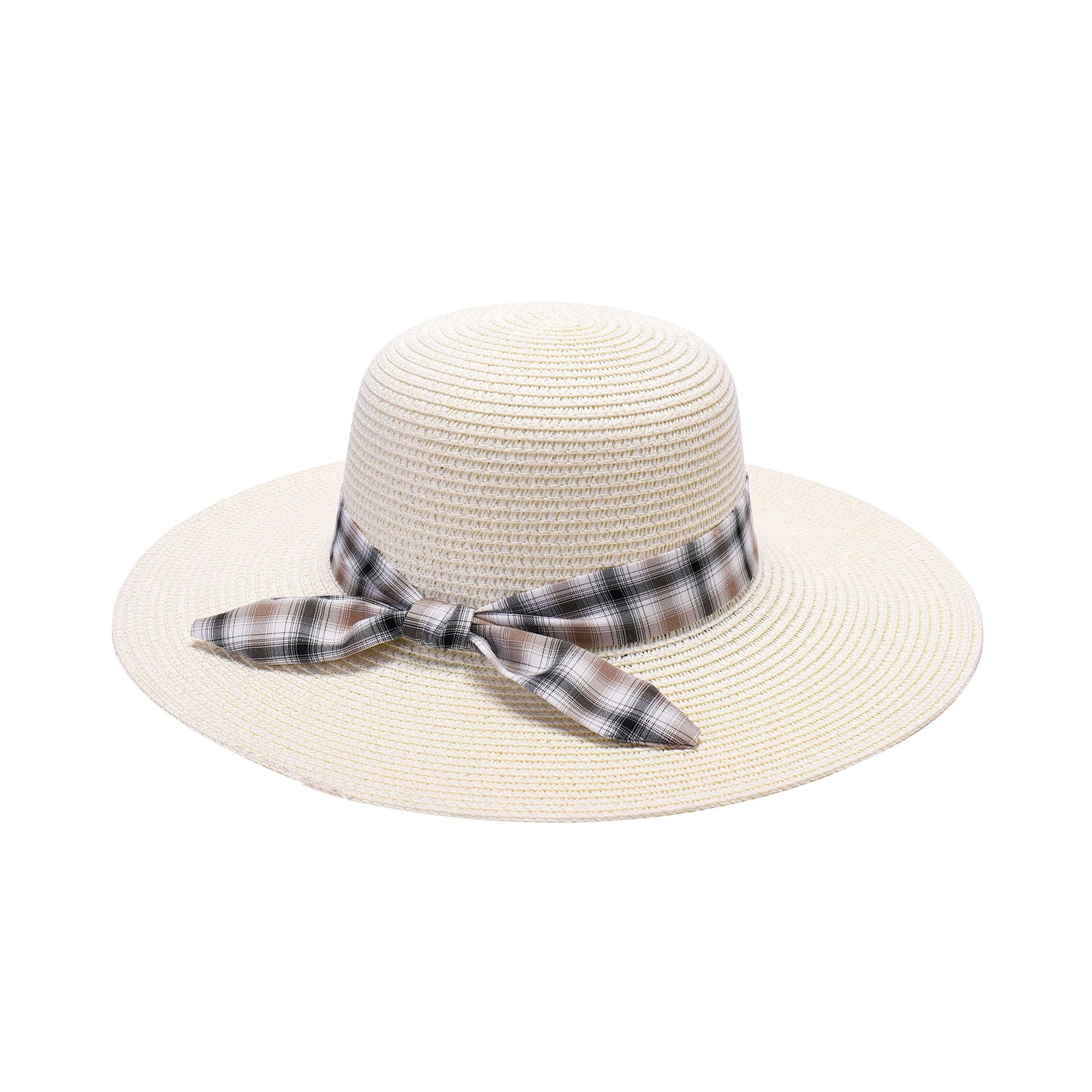 Ladies Sun Hat with Wide Brim and Plaid Ribbon Bow
