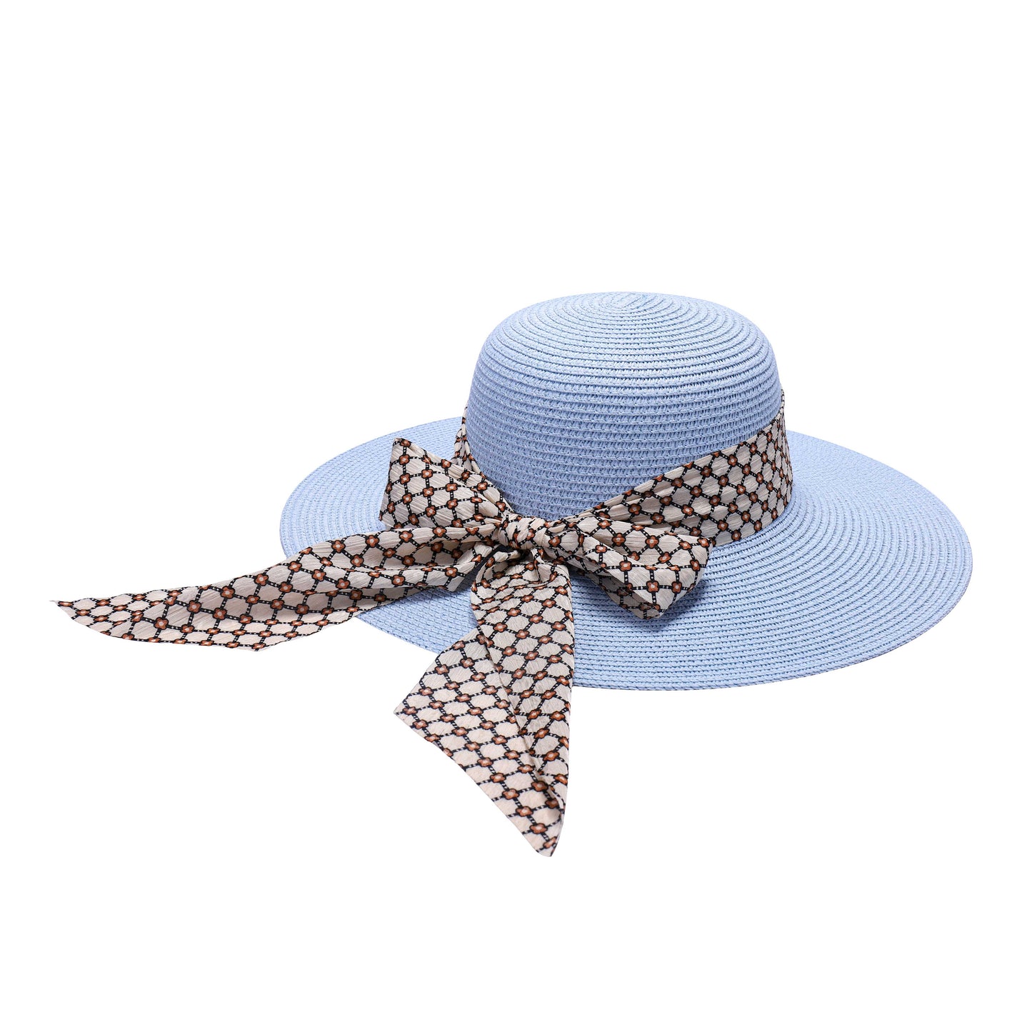 Ladies Sun Hat with Wide Brim and Geometric Pattern Bow