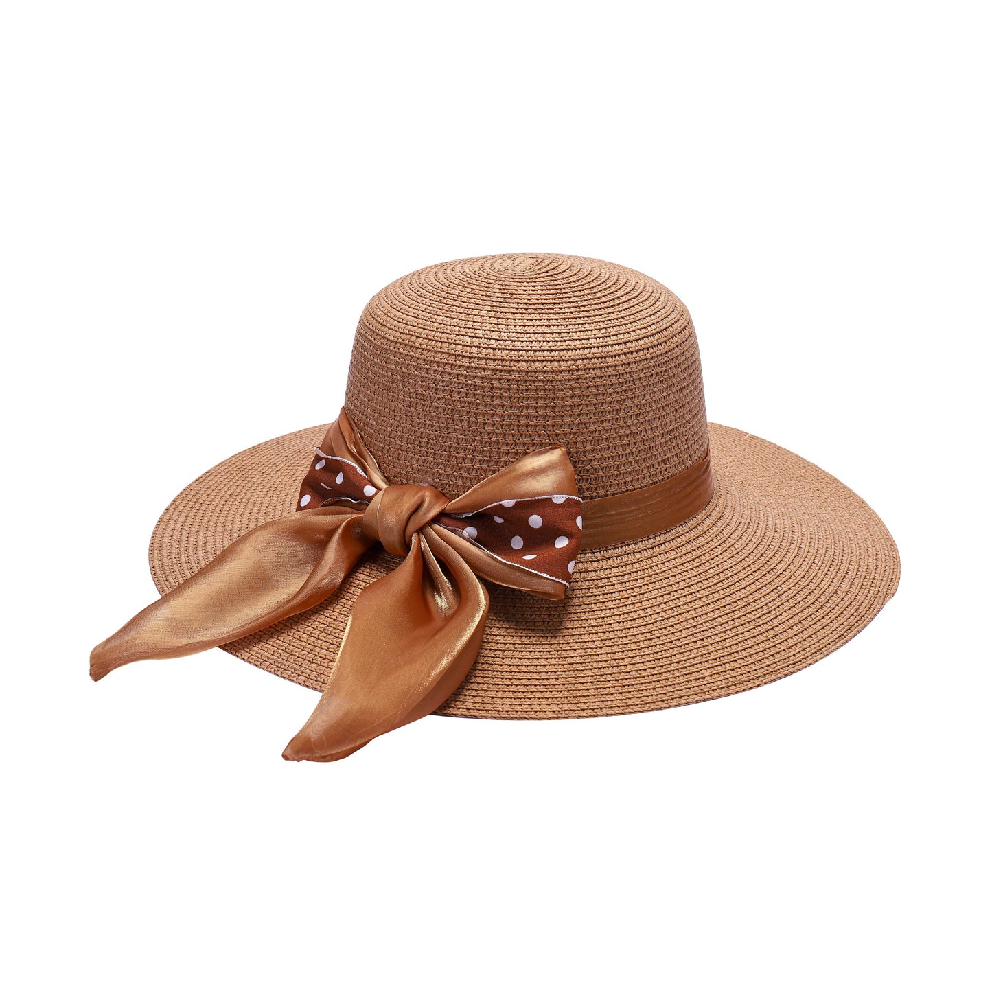 Ladies Sun Hat with Wide Brim and Polka Dot Bow