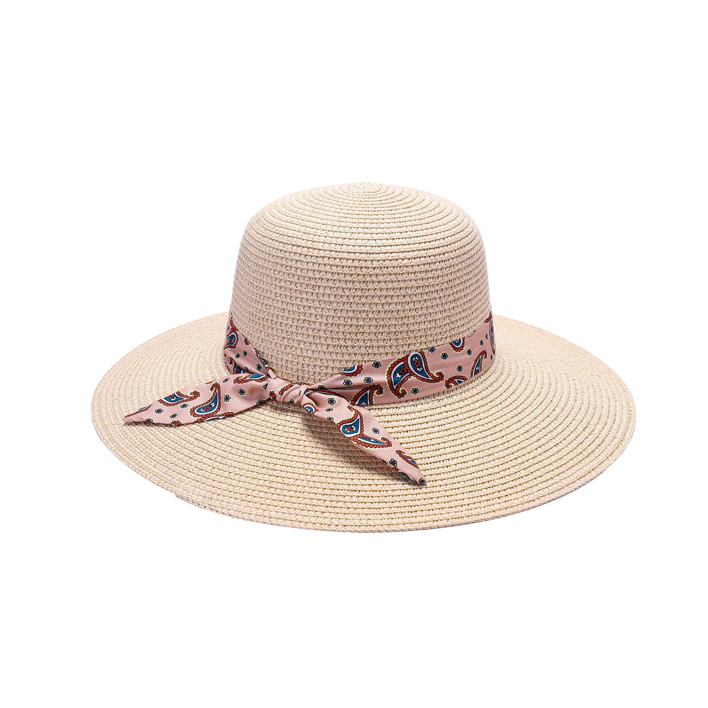 Ladies Sun Hat with Wide Brim and Paisley Print Bow