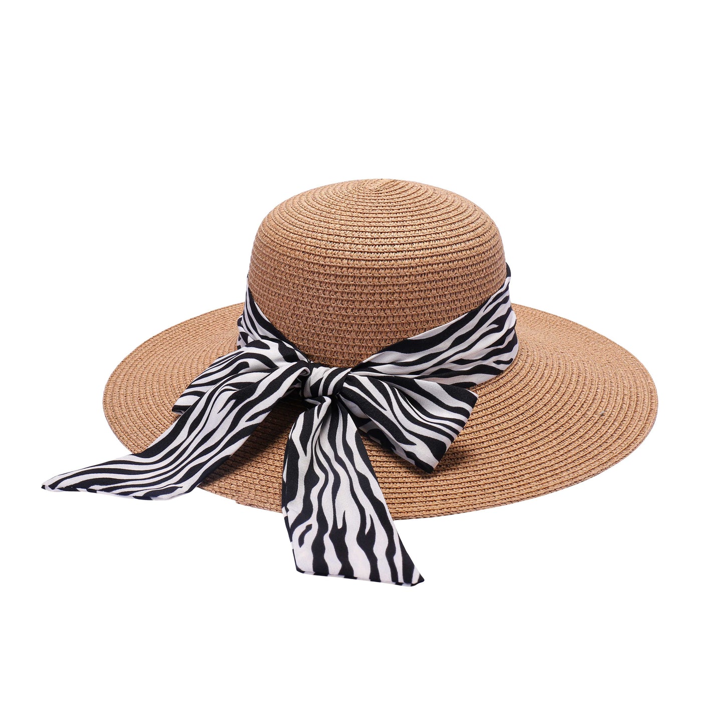 Ladies Sun Hat with Wide Brim and Zebra Pattern Bow