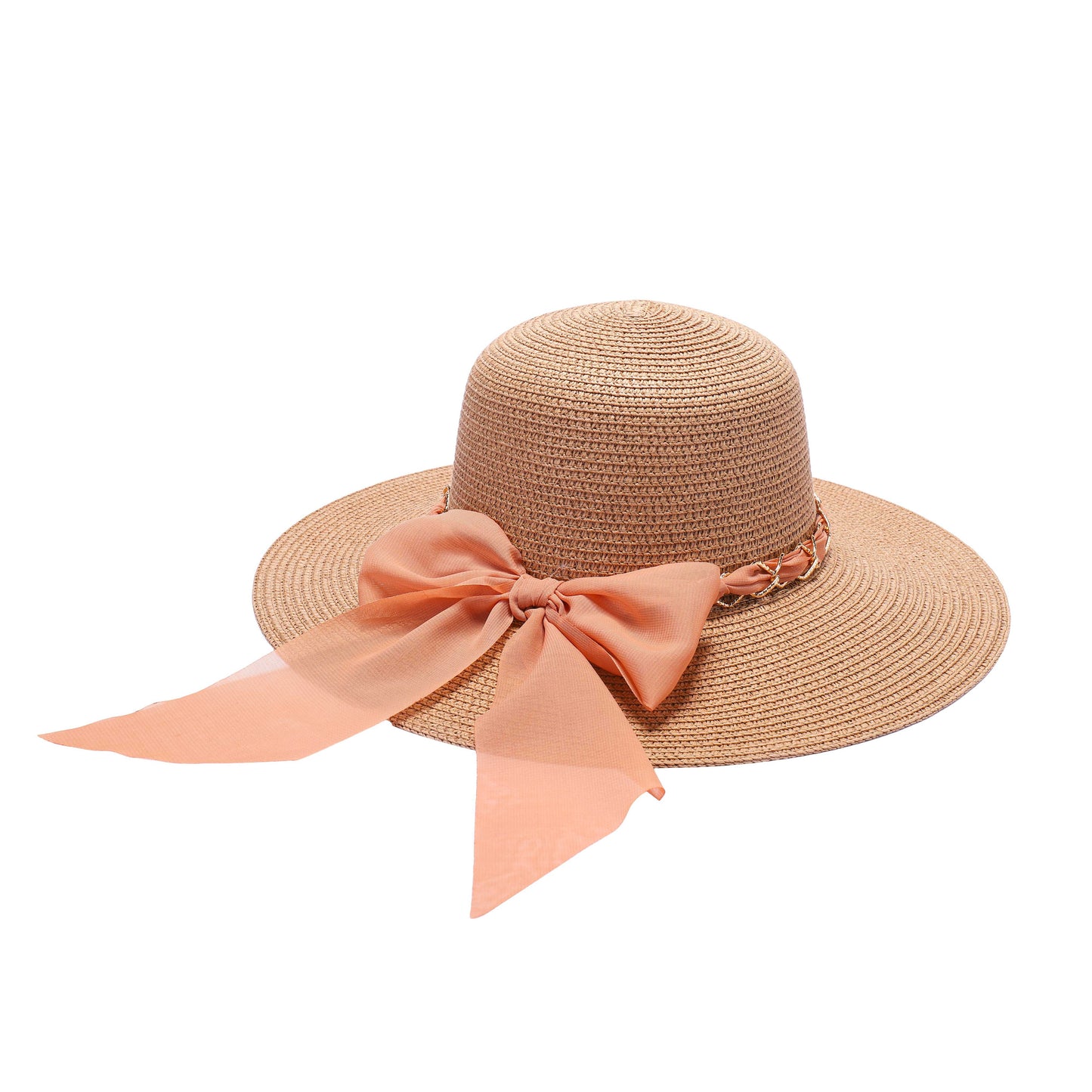 Elegant White Sun Hat with Sheer Chiffon Bow and Gold Chain Detail