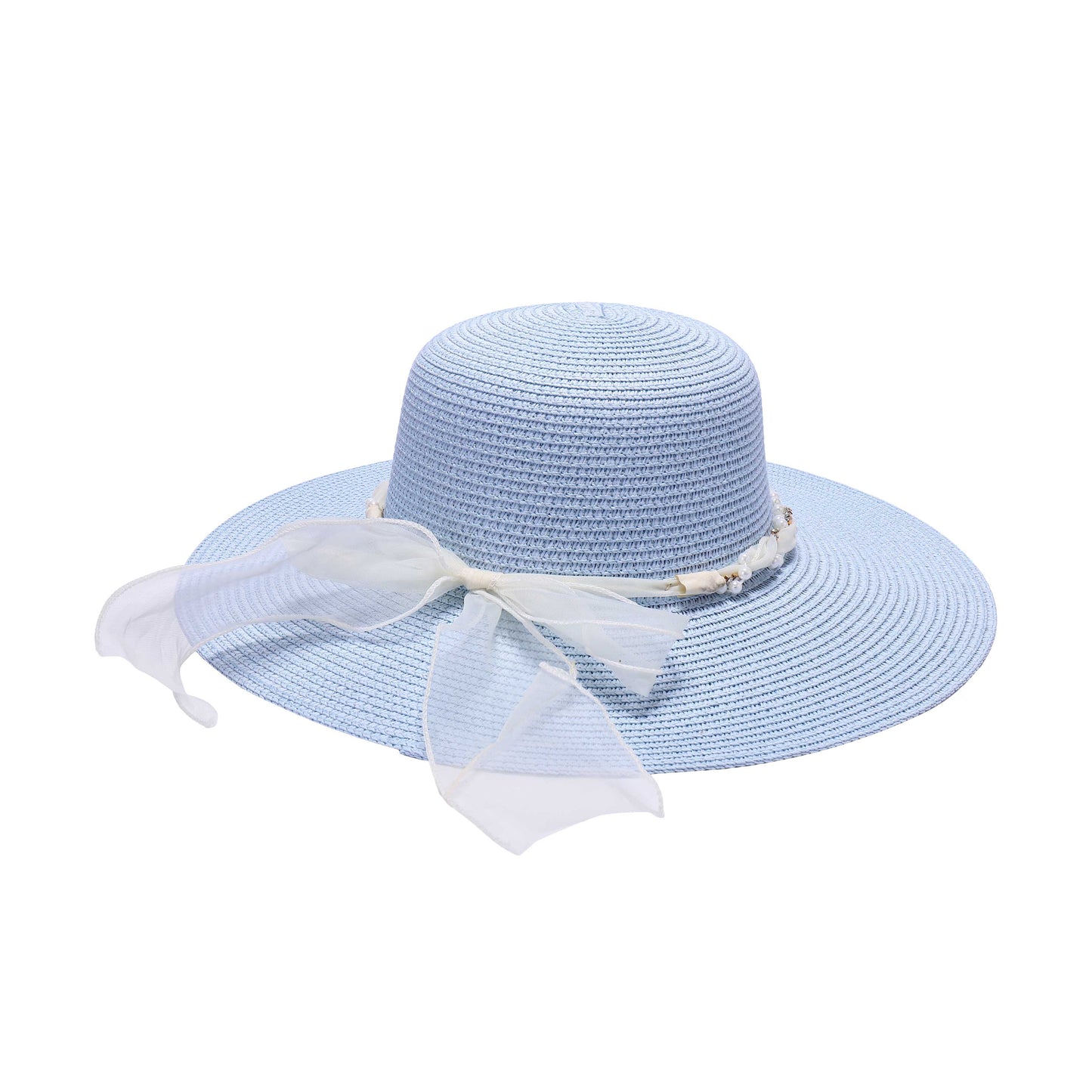 Wide-Brim Sun Hat with Sheer Bow and Pearl Accents
