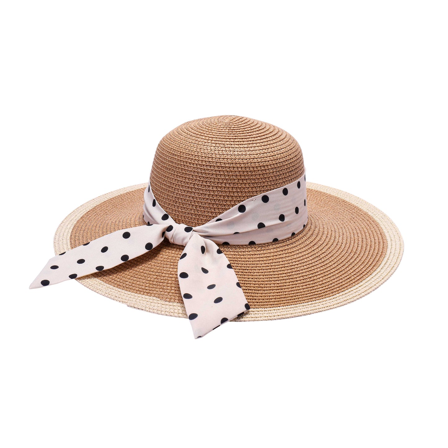 Ladies Sun Hat with Wide Brim and Polka Dot Ribbon
