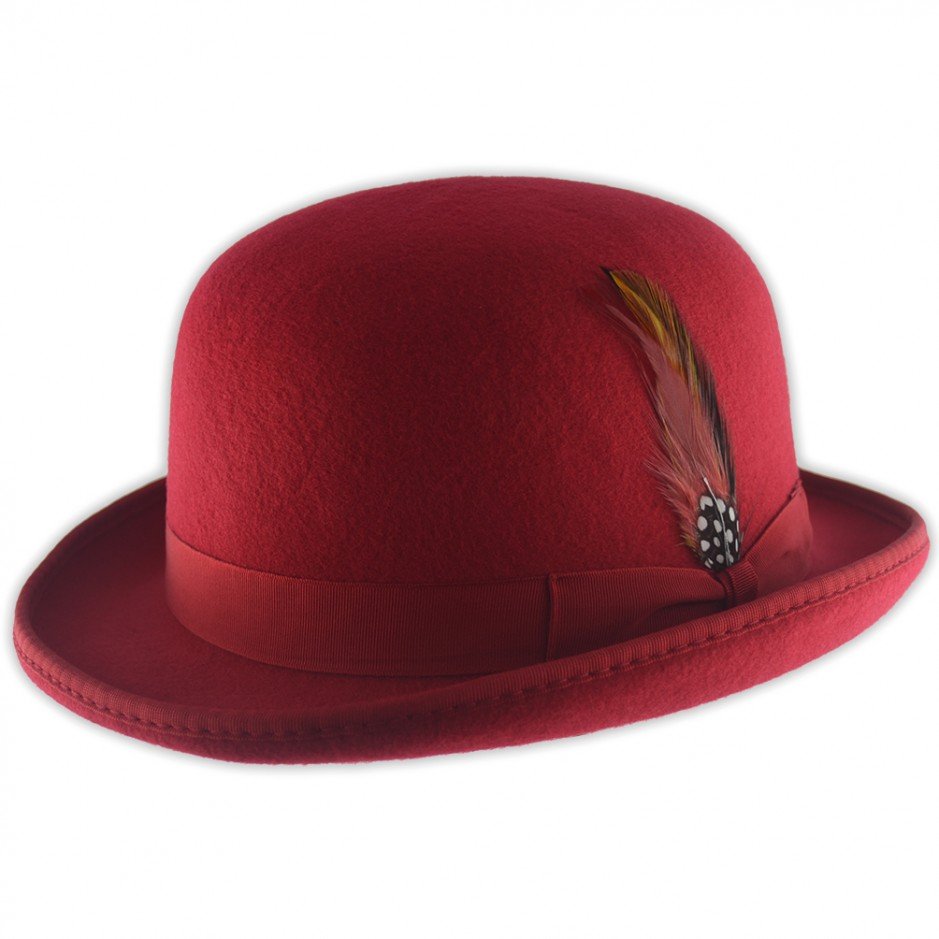 100% Wool Classic Bowler Hat - Wine Red