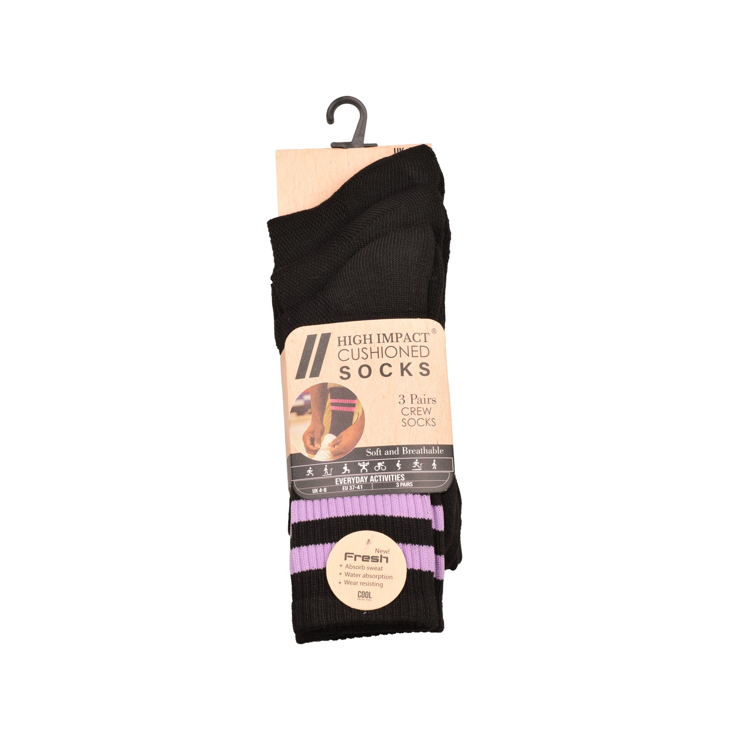 Ladies 3 Pair Cushioned Sport Socks - Black - Assorted Stripes (12 Pairs)