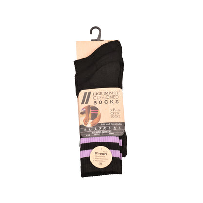Ladies 3 Pair Cushioned Sport Socks - Black - Assorted Stripes (12 Pairs)