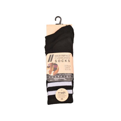 Ladies 3 Pair Cushioned Sport Socks - Black - Assorted Stripes (12 Pairs)