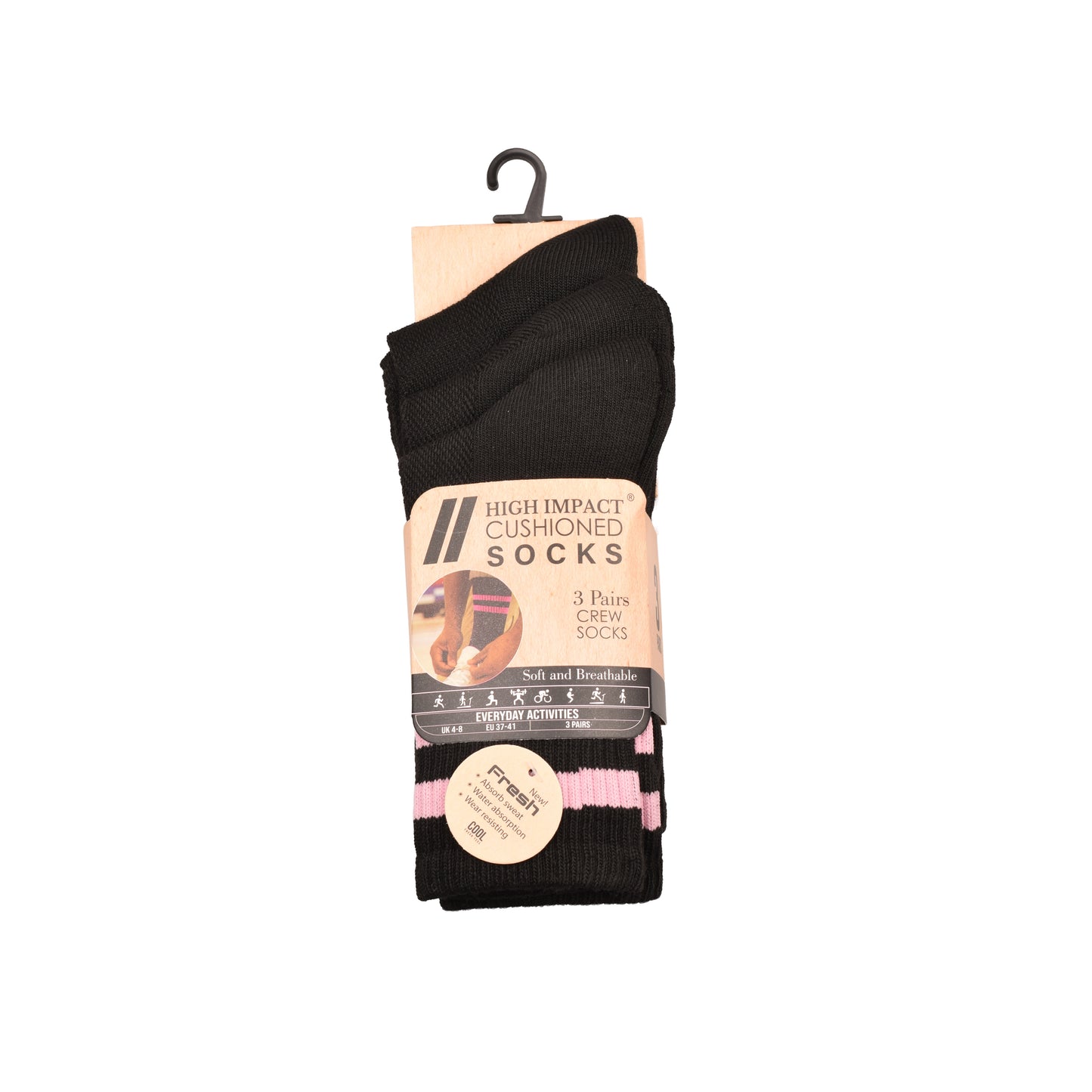 Ladies 3 Pair Cushioned Sport Socks - Black - Assorted Stripes (12 Pairs)