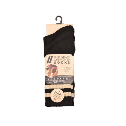 Ladies 3 Pair Cushioned Sport Socks - Black - Assorted Stripes (12 Pairs)