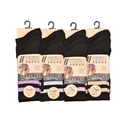 Ladies 3 Pair Cushioned Sport Socks - Black - Assorted Stripes (12 Pairs)
