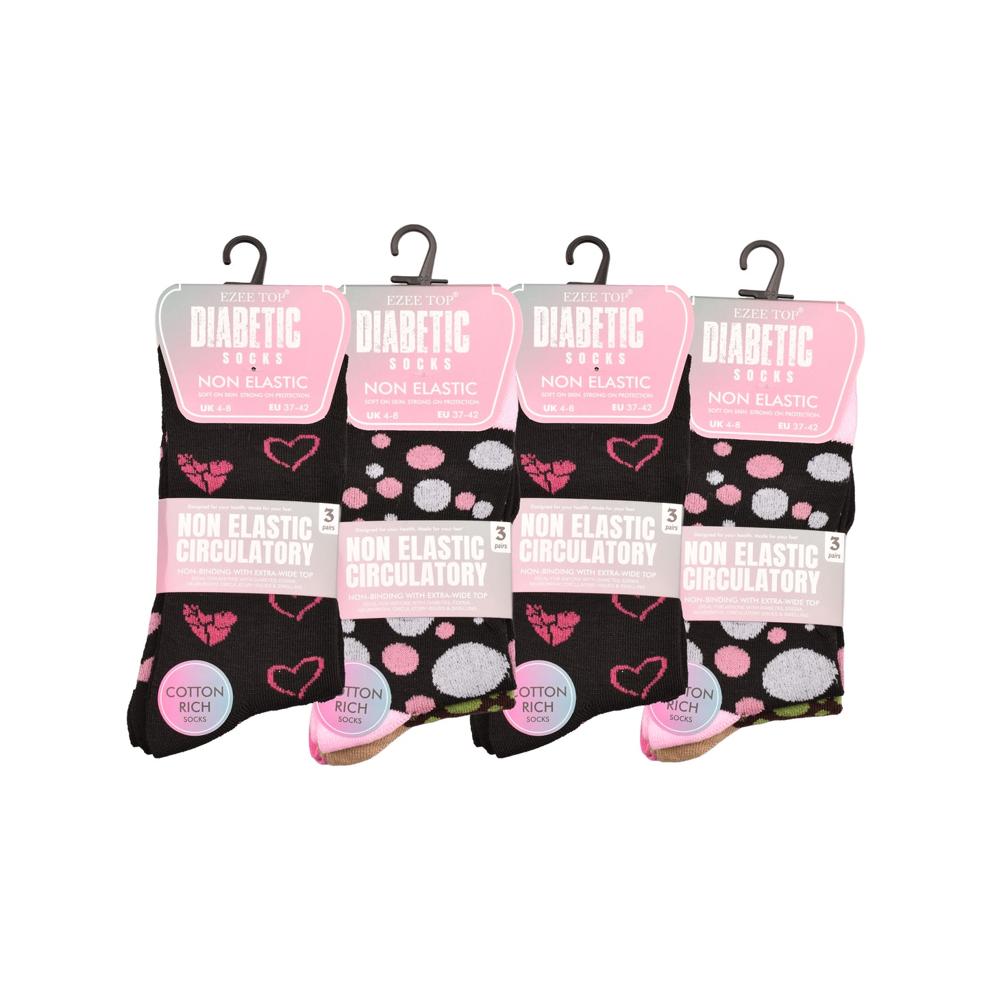 Ladies Non Elastic Diabetic Socks - Hearts/Polka Dot Pattern (12 Pairs)