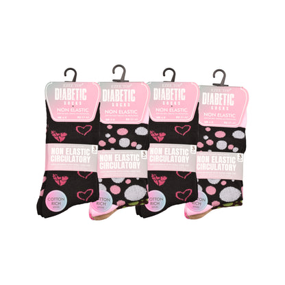 Ladies Non Elastic Diabetic Socks - Hearts/Polka Dot Pattern (12 Pairs)