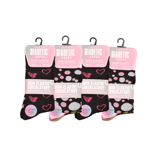 Ladies Non Elastic Diabetic Socks - Hearts/Polka Dot Pattern (12 Pairs)