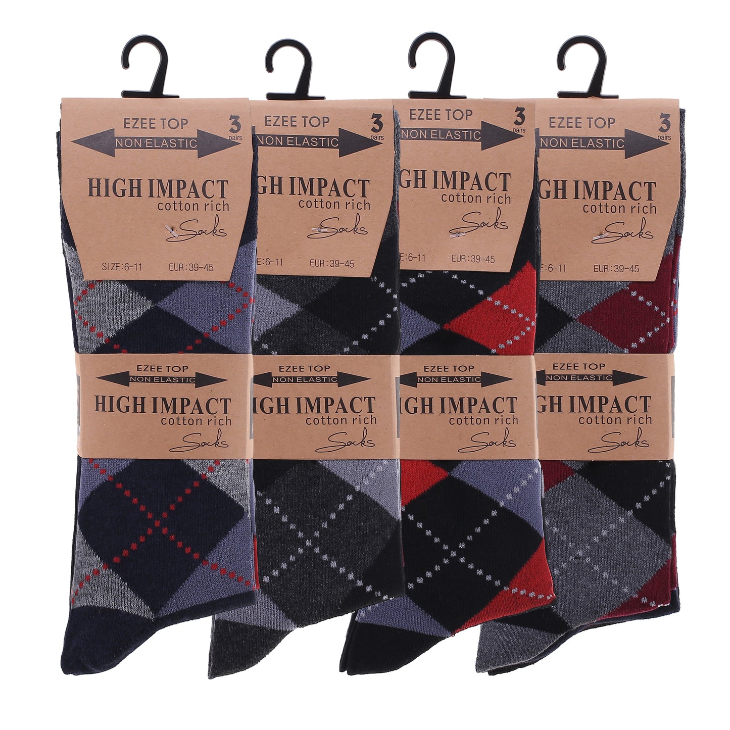 Mens Non Elastic Diabetic Socks - Bright Argyle (12 Pairs)