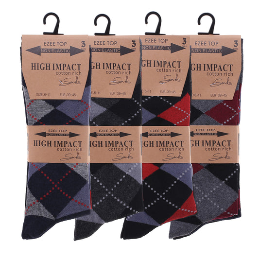 Mens Non Elastic Diabetic Socks - Bright Argyle (12 Pairs)
